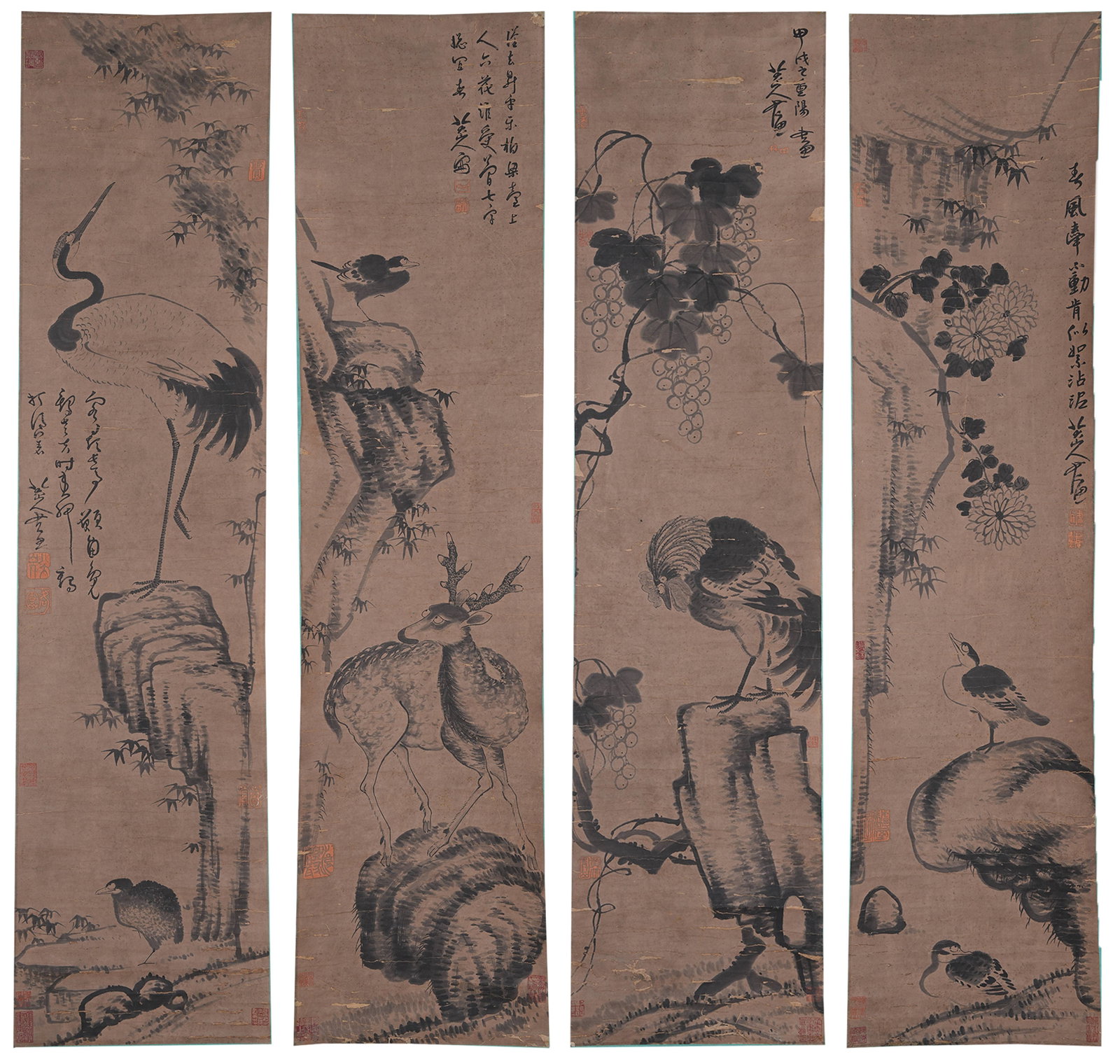 A FLOWER AND BIRD PAINTINGS ON PAPER BY BADA SHANREN (4 PIECES).八大山人: Flower and Bird Paintings on Paper by Bada Shanren (4 pieces).八大山人
