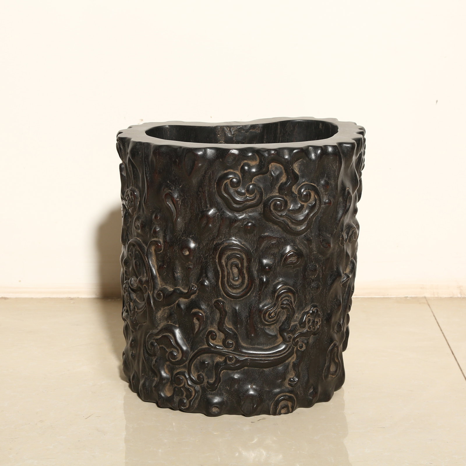 A ZITAN BRUSH WASHER WITH LINGZHI AND CHI DRAGON PATTERN: Zitan Brush Washer with Lingzhi and Chi Dragon Pattern