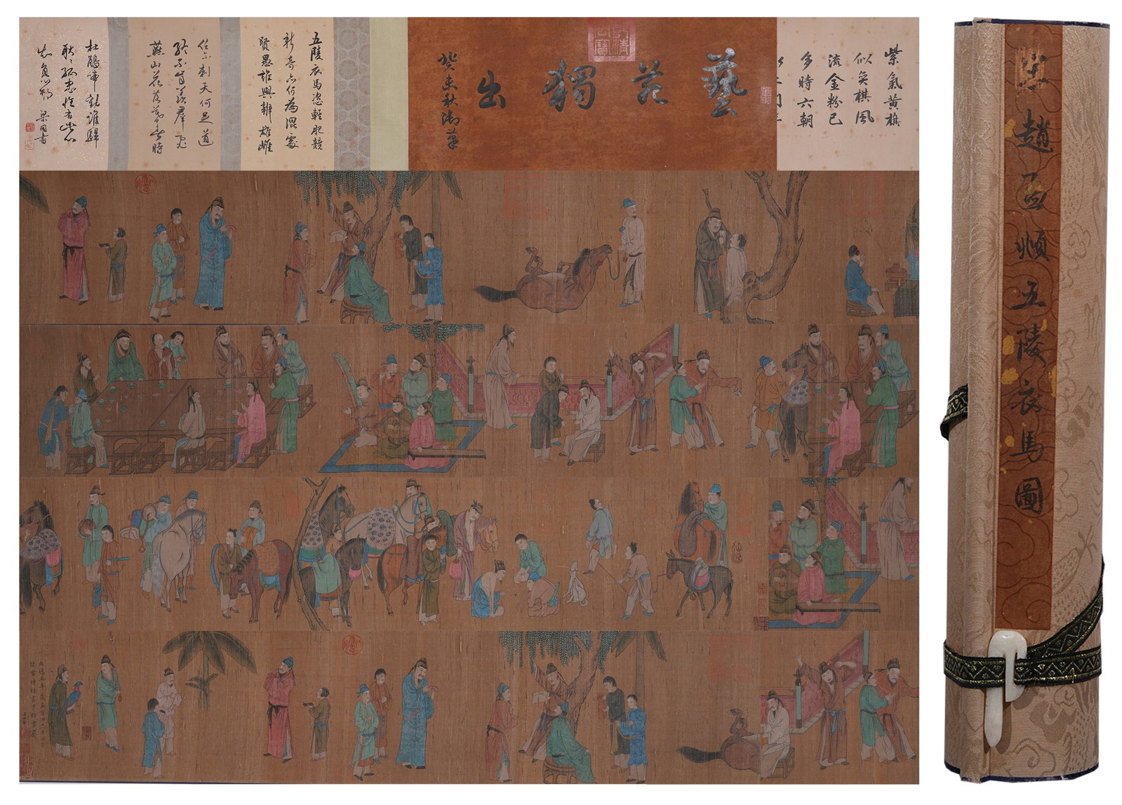 A HAND SCROLL OF NOBLES AND STEEDS IN WULING ON SILK BY ZHAO MENGFU.趙孟頫: Hand Scroll of Nobles and Steeds in Wuling on Silk by Zhao Mengfu.趙孟頫