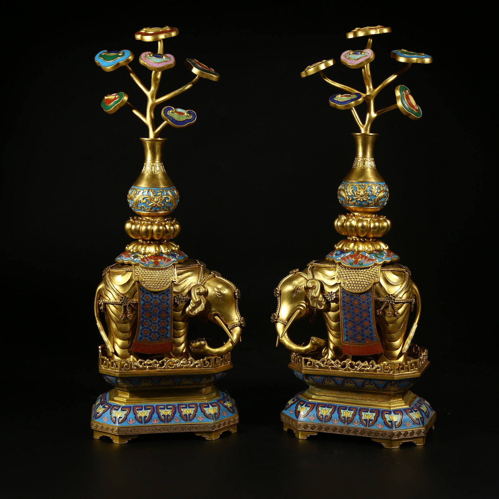 A SET OF "PEACE AND ELEPHANTS" FIGURINES IN CLOISONN? ENAMEL ON A BRONZE BODY: Set of "Peace and Elephants" Figurines in Cloisonn?? Enamel on a Bronze Body