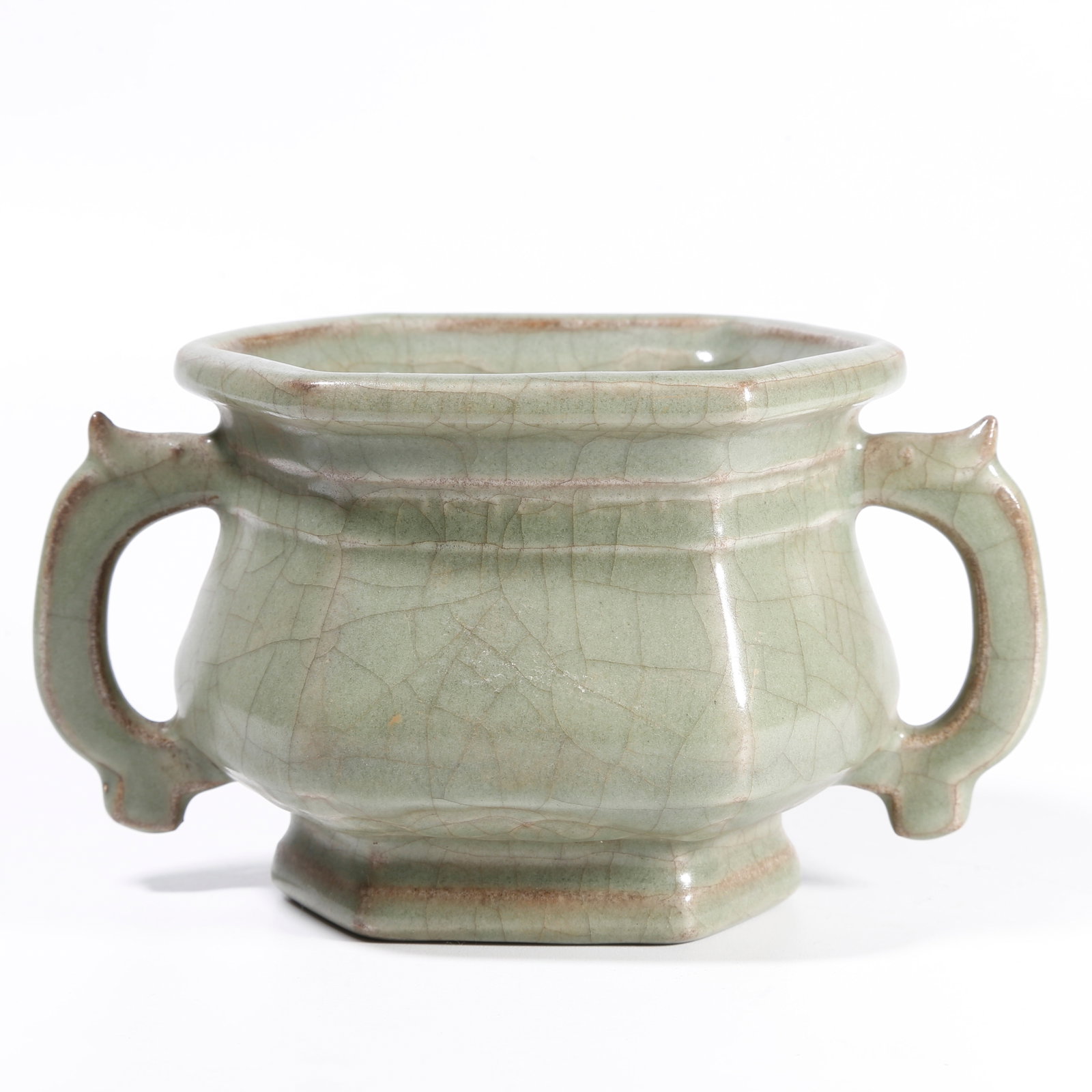 A DOUBLE-HANDLED INCENSE BURNER FROM LONGQUAN KILN: Double-Handled Incense Burner from Longquan Kiln