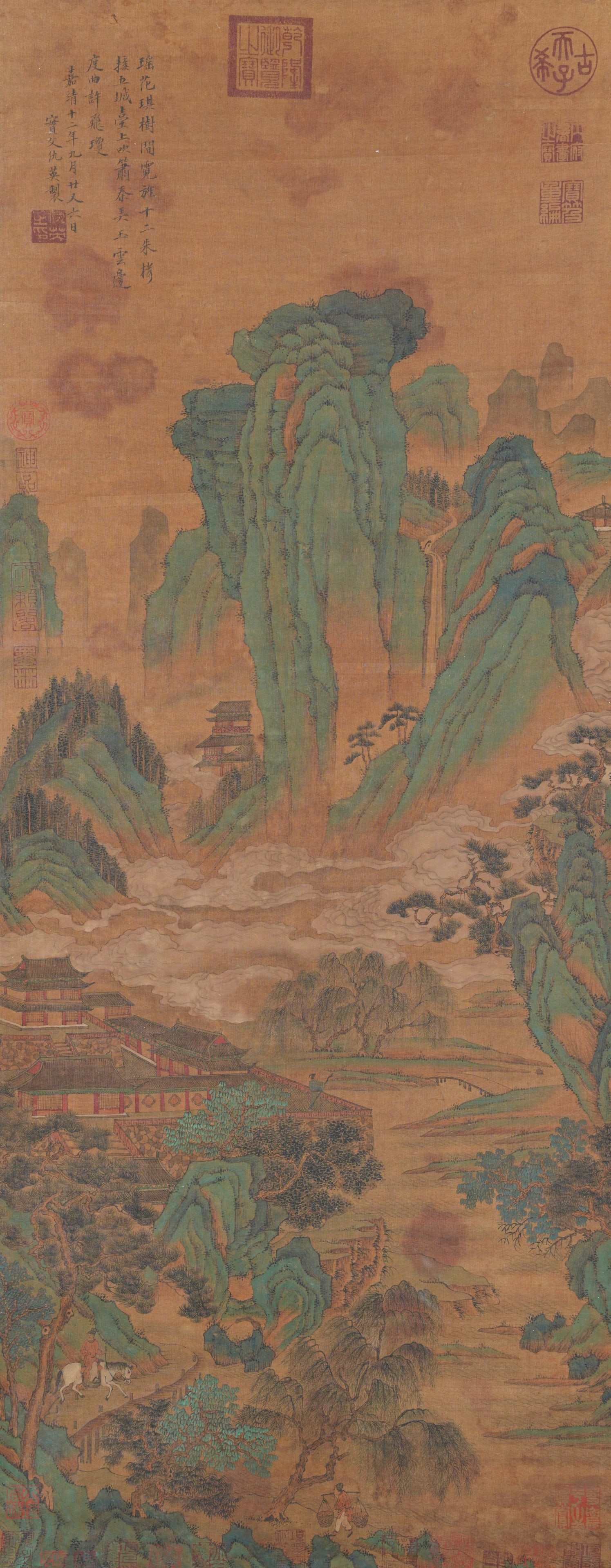 A FAIRY MOUNTAINS AND PAVILIONS PAINTING ON SILK BY QIU YING.仇英: Fairy Mountains and Pavilions Painting on Silk by Qiu Ying.仇英