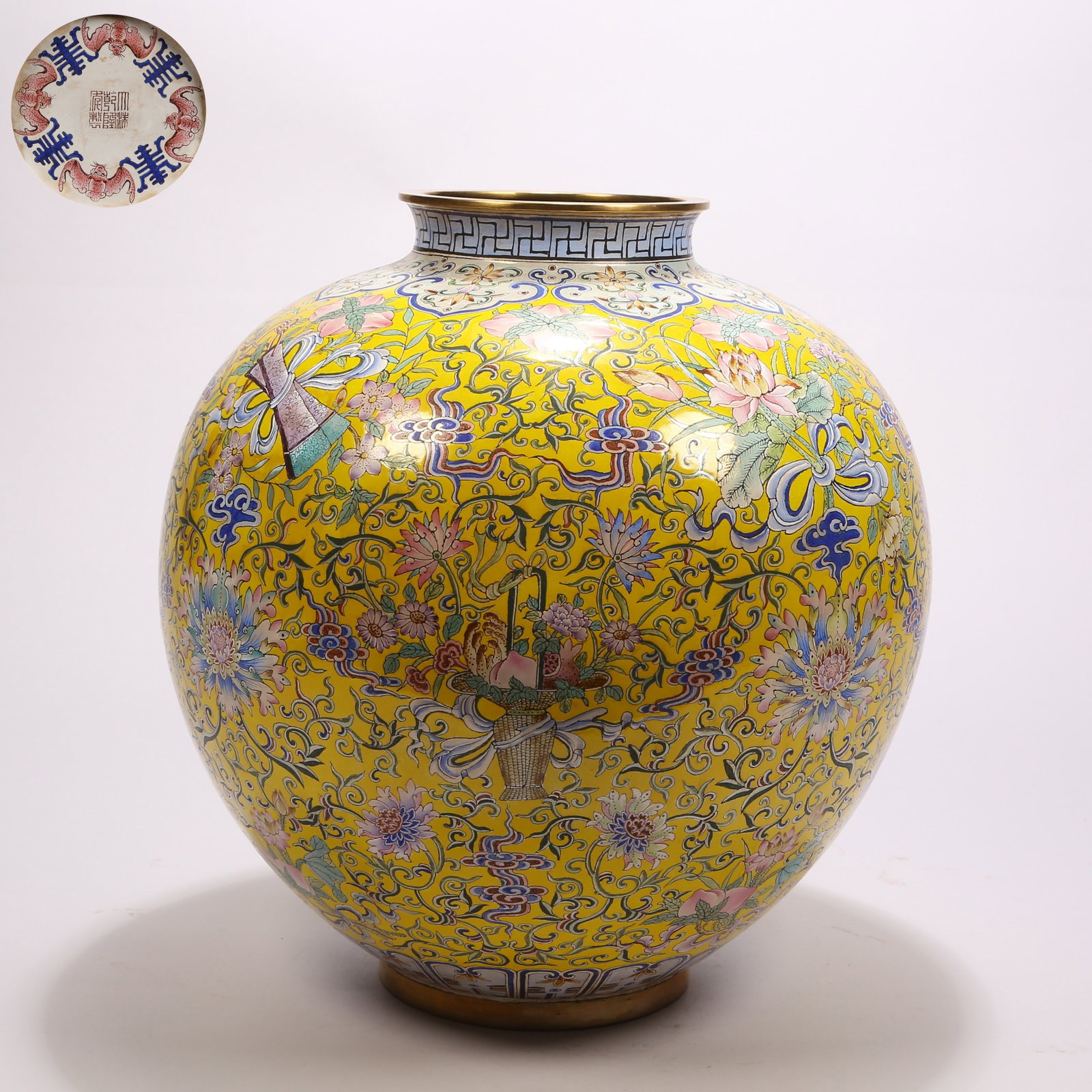 A BRONZE CLOISONNE JAR WITH PASSIONFLOWER AND EIGHT TREASURES DECORATION: Bronze cloisonne jar with passionflower and Eight Treasures decoration