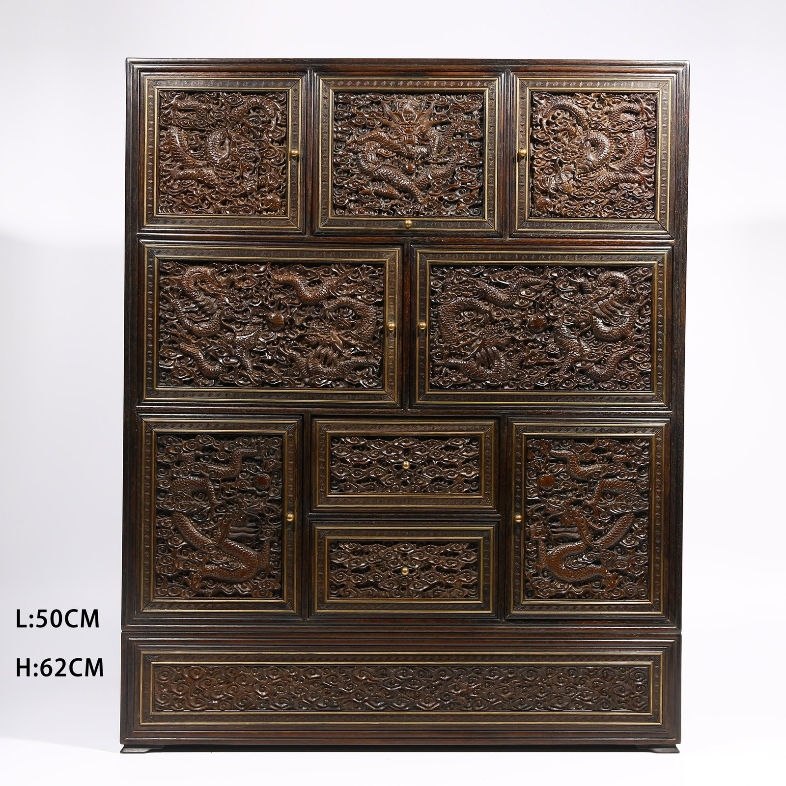 A ZITAN WOOD CABINET WITH CLOUD AND DRAGON MOTIF: Zitan Wood Cabinet with Cloud and Dragon Motif
