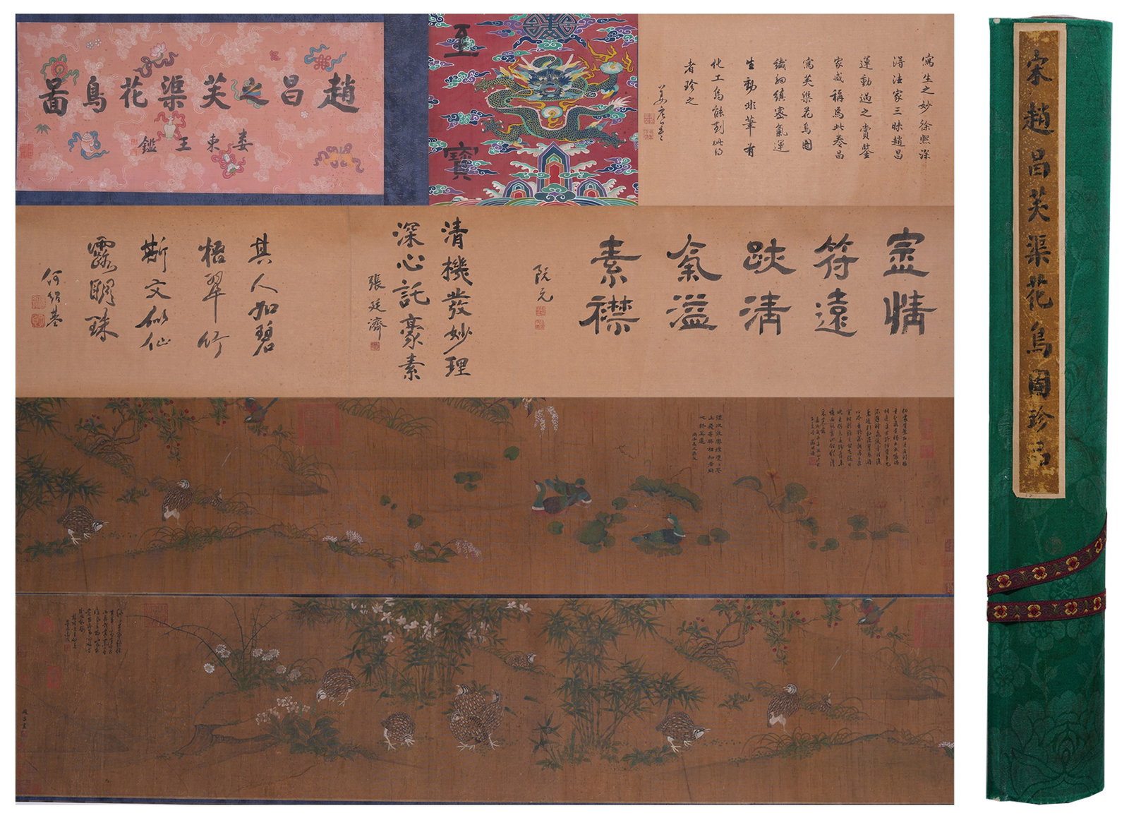 A HAND SCROLL OF LOTUS, FLOWERS AND BIRDS ON SILK BY ZHAO CHANG.趙昌: Hand Scroll of Lotus, Flowers and Birds on Silk by Zhao Chang.趙昌