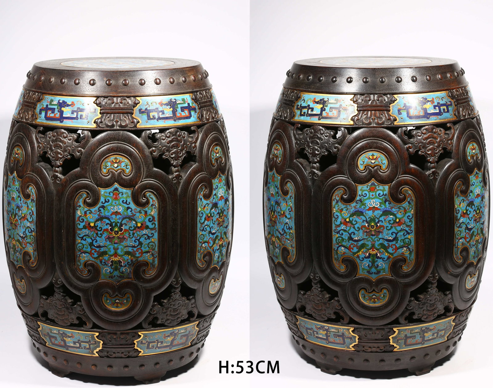 A SET OF ZITAN WOOD DRUM STOOLS INLAID WITH CLOISONN? KUI DRAGON MOTIF: Set of Zitan Wood Drum Stools Inlaid with Cloisonn?? Kui Dragon Motif