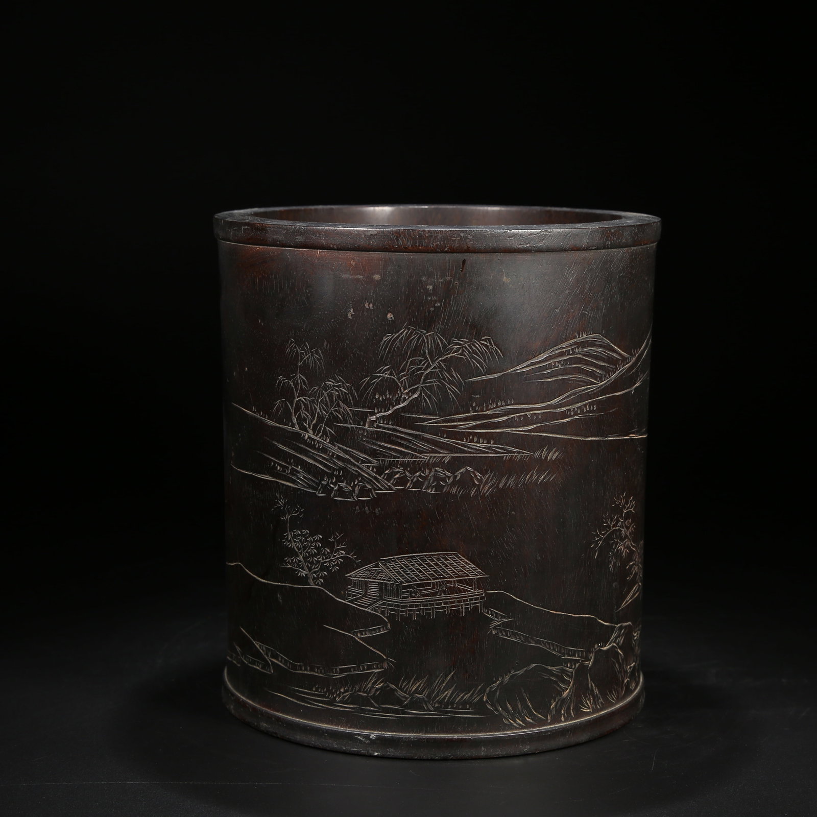 A ZITAN WOOD BRUSH POT WITH LANDSCAPE PATTERN (1 of 9)