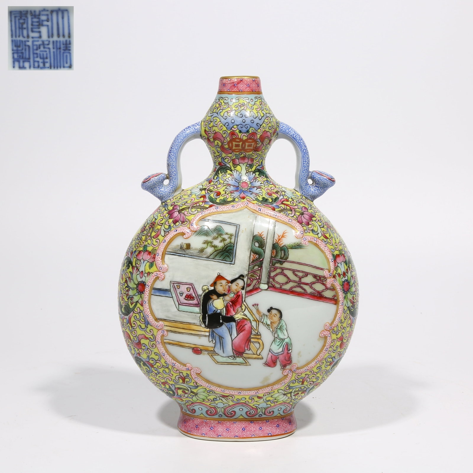 A YELLOW-GROUND FAMILLE ROSE GOURD VASE WITH OPEN PANELS AND EROTIC SCENES (1 of 9)