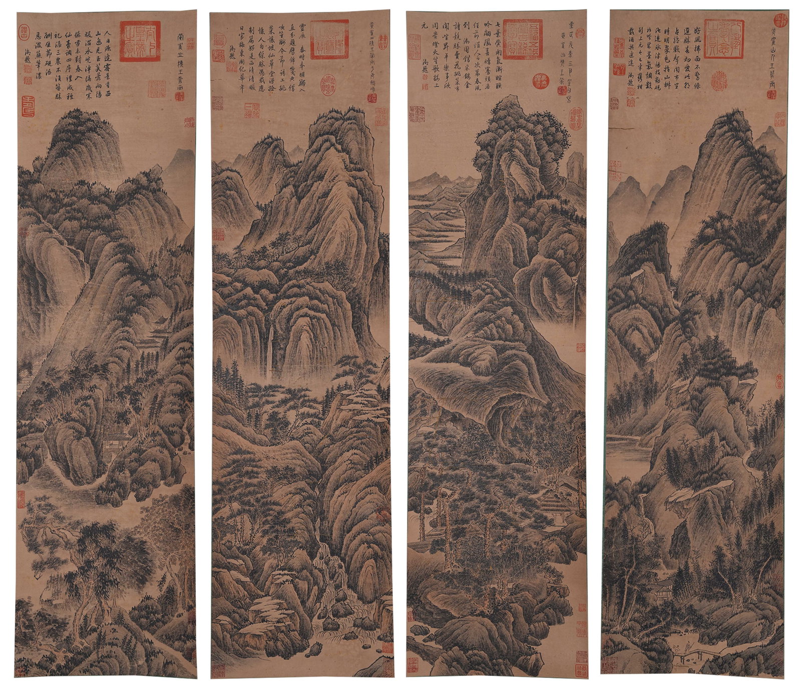 A LANDSCAPE PAINTINGS ON PAPER BY WANG MENG (4 PIECES).王蒙: Landscape Paintings on Paper by Wang Meng (4 pieces).王蒙