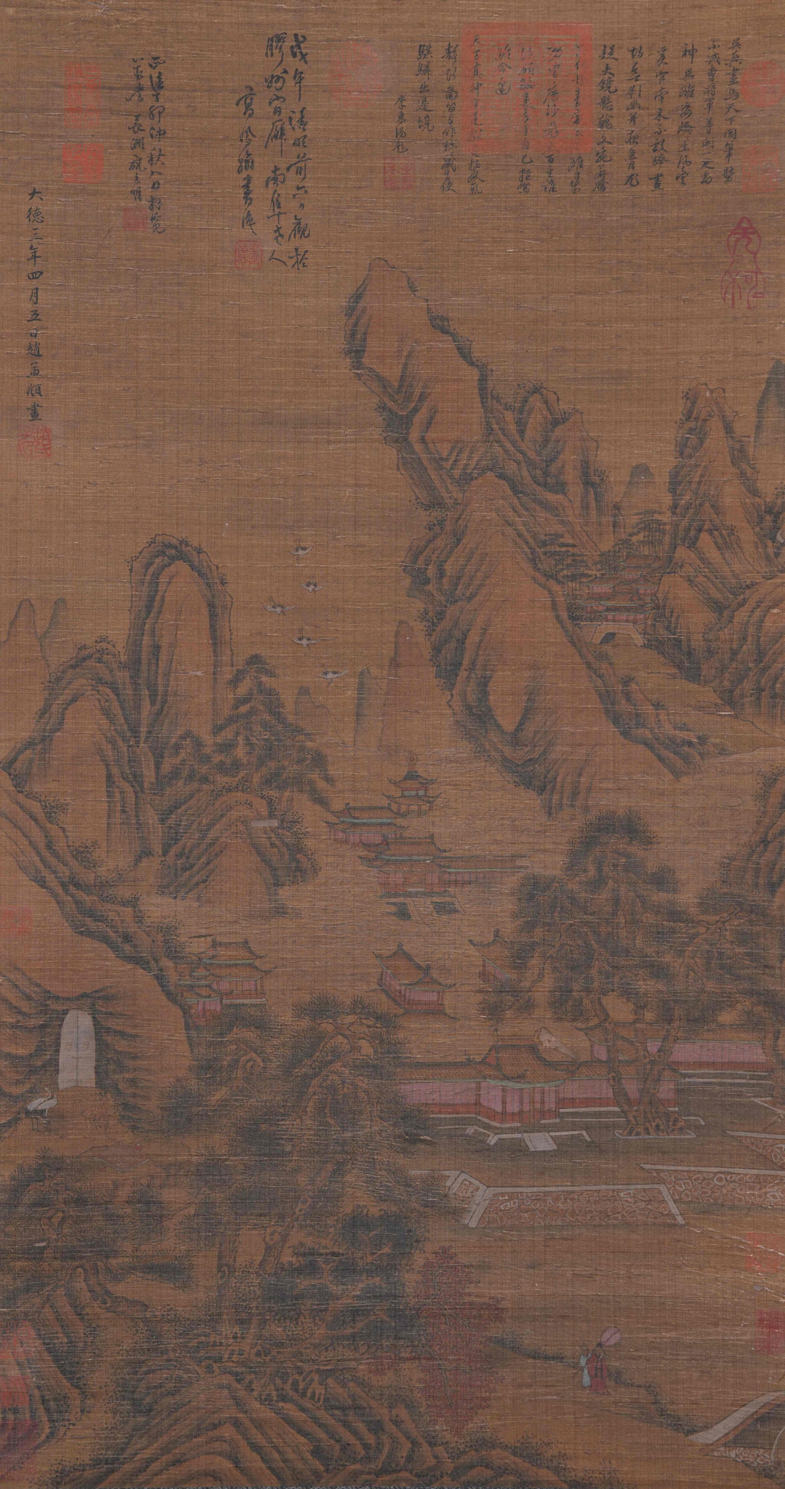 A FAIRY MOUNTAINS AND CLOUD PAVILIONS PAINTING ON SILK BY ZHAO MENGFU.趙孟頫: Fairy Mountains and Cloud Pavilions Painting on Silk by Zhao Mengfu.趙孟頫