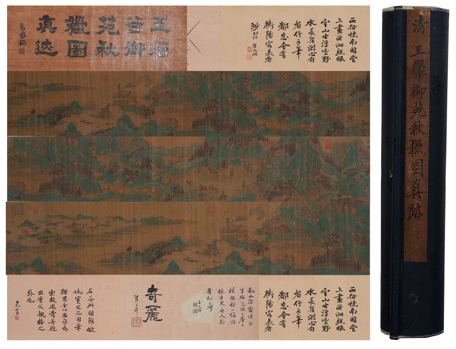 A HAND SCROLL OF AUTUMN HUNT IN IMPERIAL GARDEN ON SILK BY WANG HUI.王翚: Hand Scroll of Autumn Hunt in Imperial Garden on Silk by Wang Hui.王翚