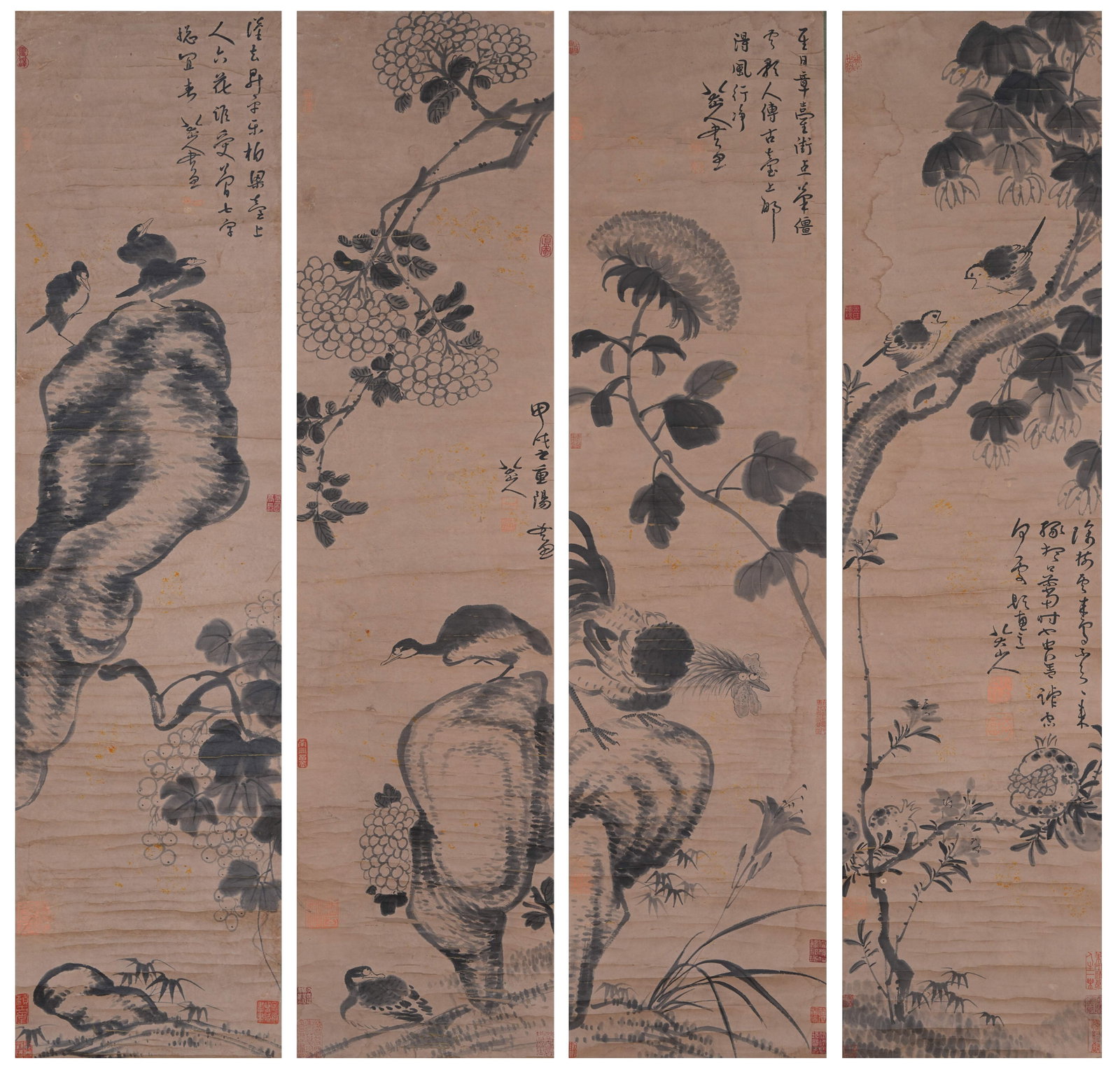 A FLOWER AND BIRD PAINTINGS ON PAPER BY BADA SHANREN (4 PIECES).八大山人: Flower and Bird Paintings on Paper by Bada Shanren (4 pieces).八大山人