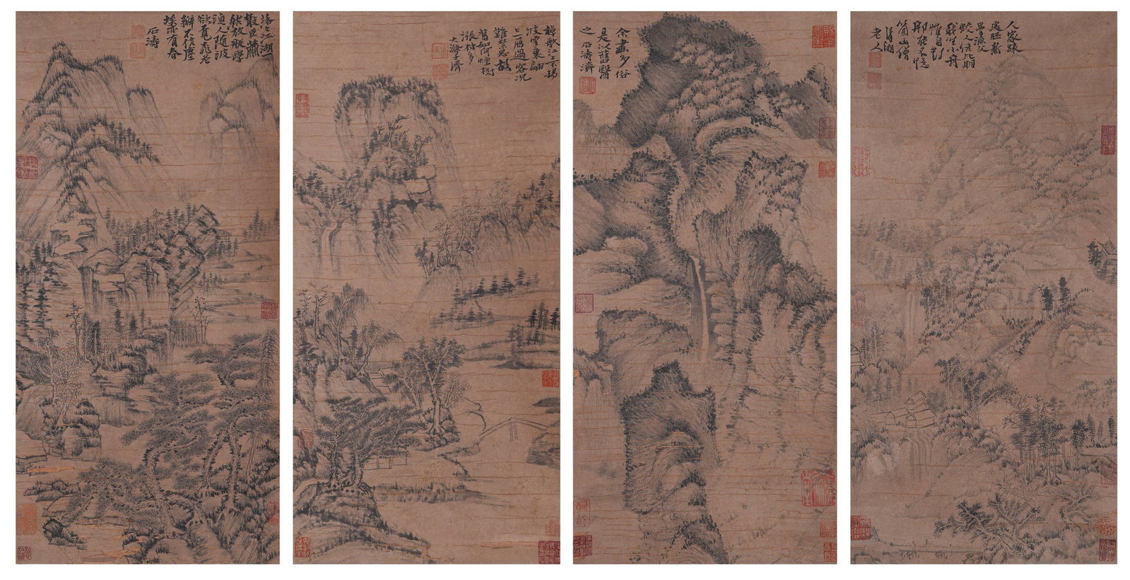A LANDSCAPE PAINTINGS ON PAPER BY SHI TAO (4 PIECES).石濤: Landscape Paintings on Paper by Shi Tao (4 pieces).石濤