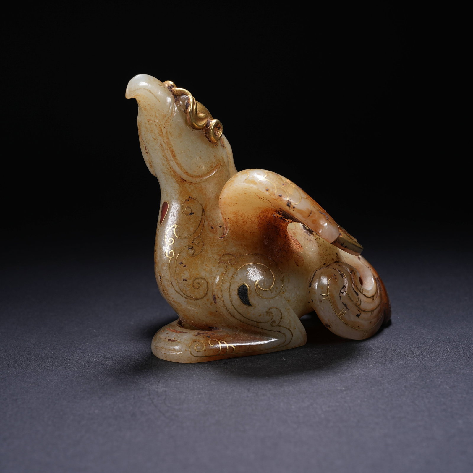 A ARCHAIC JADE PHOENIX BIRD INLAID WITH GOLD AND GEMS: Archaic Jade Phoenix Bird Inlaid with Gold and Gems