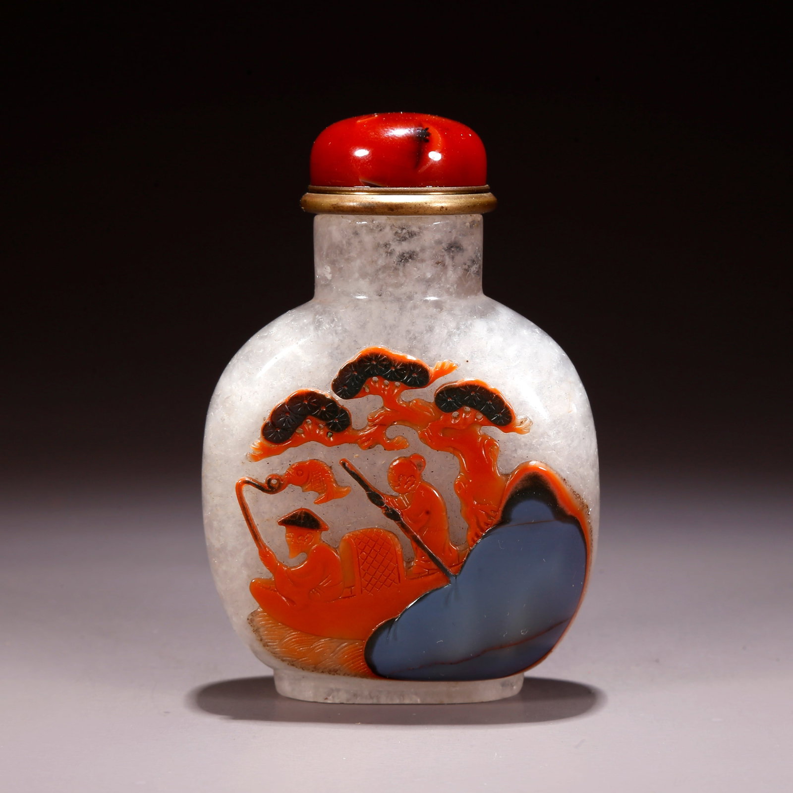 A CRYSTAL CARVED SNUFF BOTTLE WITH FIGURAL MOTIF (1 of 9)