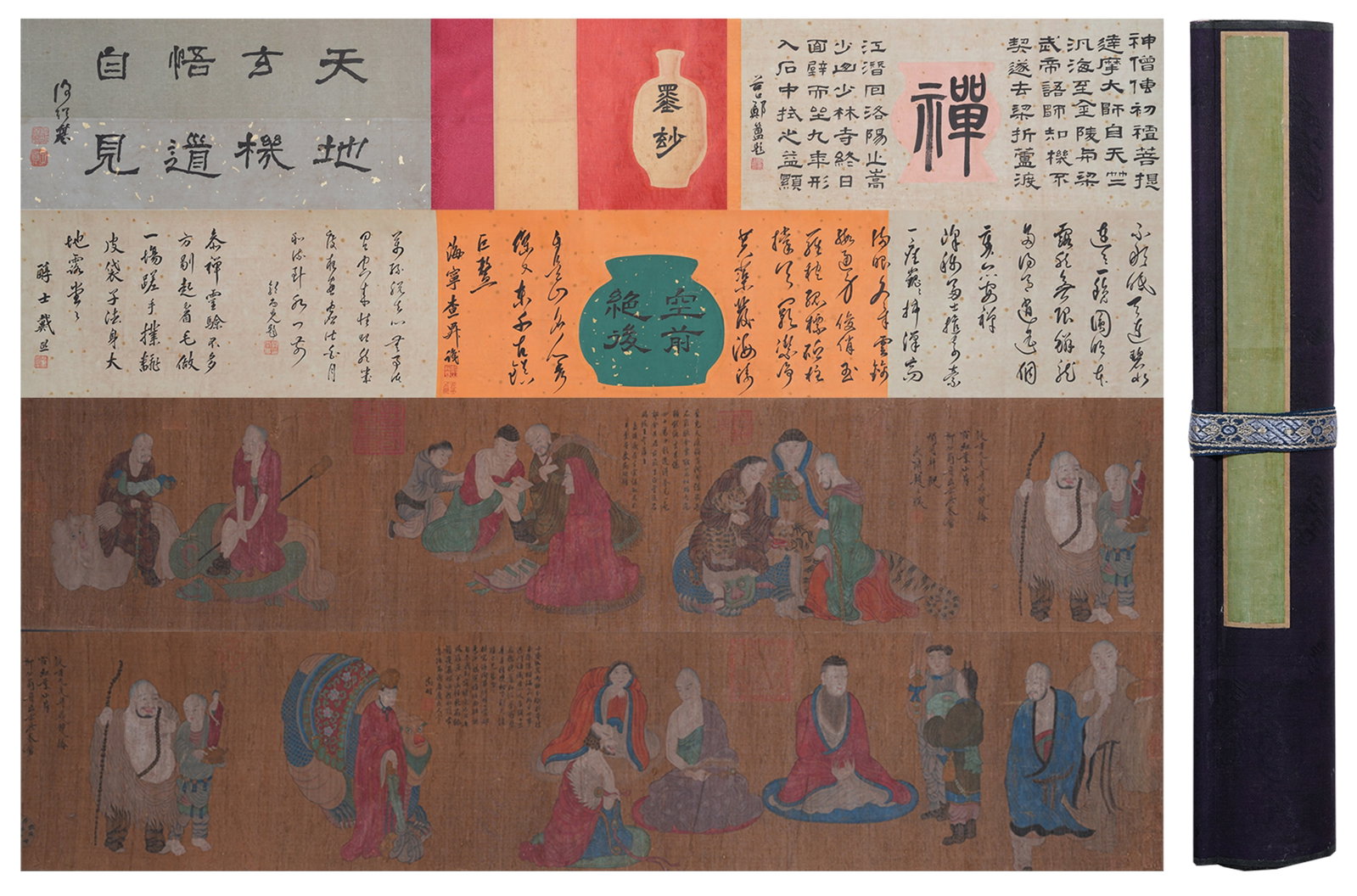 A HAND SCROLL OF ARHATS ON SILK BY LIU GUANHENG.劉貫衡: Hand Scroll of Arhats on Silk by Liu Guanheng.劉貫衡
