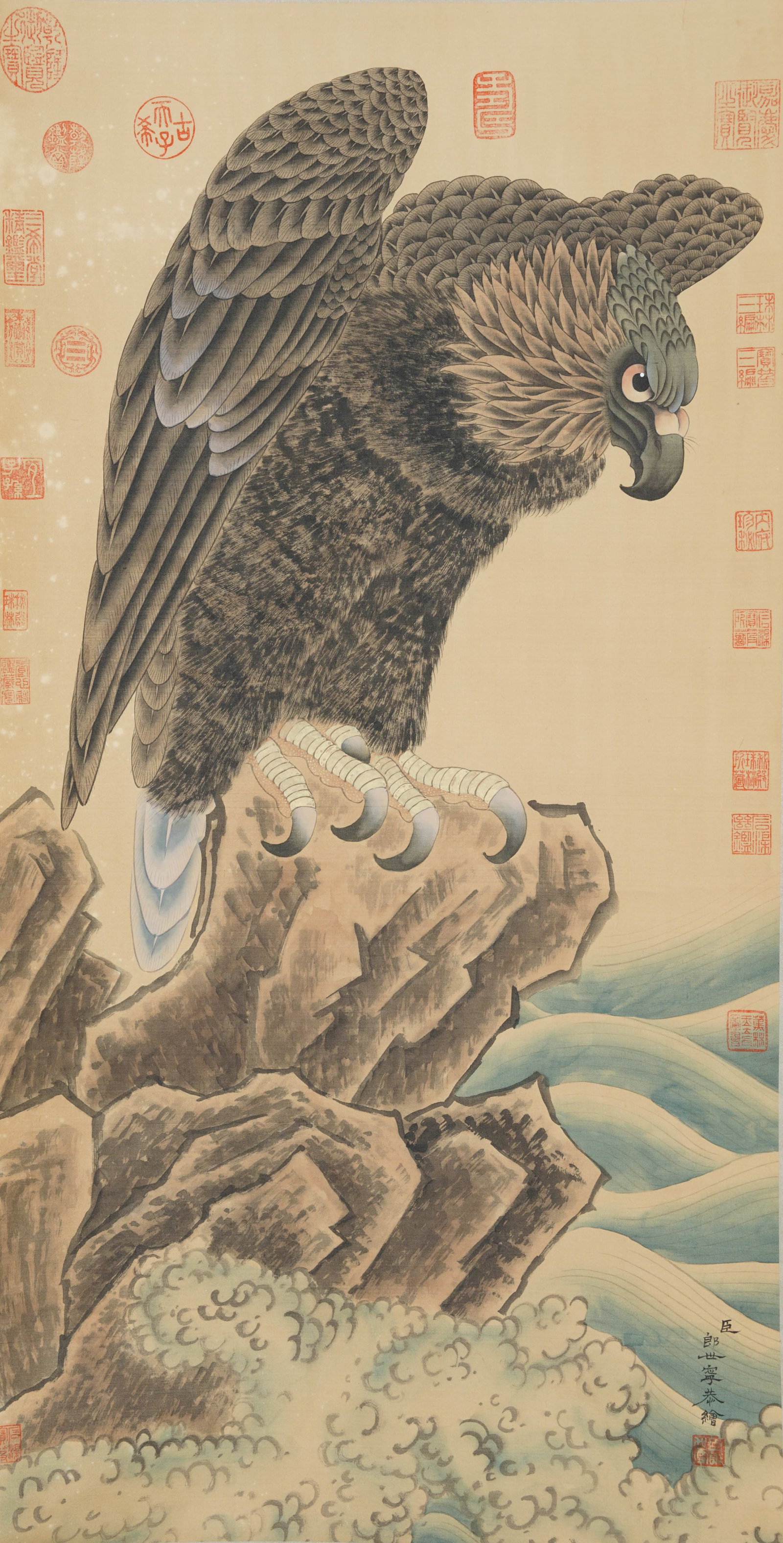 A EAGLE PAINTING ON SILK BY GIUSEPPE CASTIGLIONE.郎世寧: Eagle Painting on Silk by Giuseppe Castiglione.郎世寧