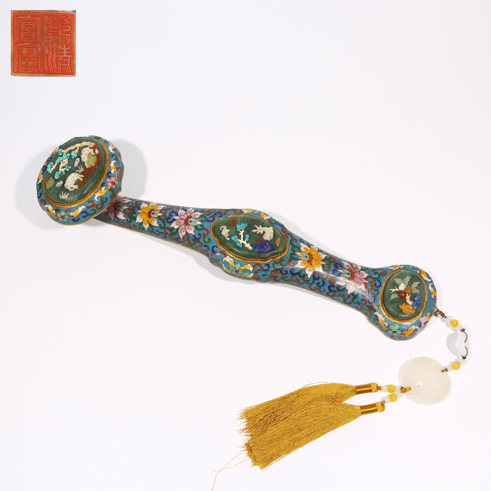A CLOISONNE ENAMEL RUYI SCEPTER WITH JADE AND HARDSTONE INLAY FEATURING "THREE GOATS BRINGING (1 of 8)