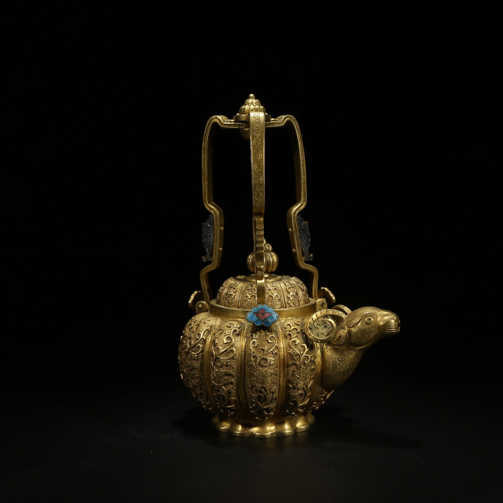 A GILDED BRONZE GOAT-HEAD HANDLED TEAPOT (1 of 9)