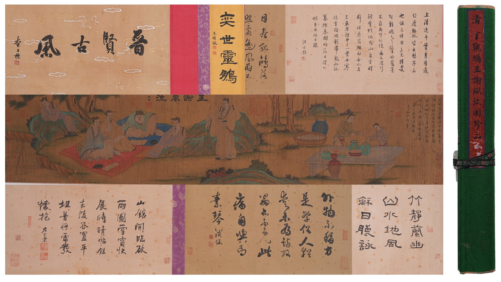 A HAND SCROLL OF ELEGANT DEMEANOR OF WANG AND XIE ON SILK BY DING GUANPENG.丁觀鵬 (1 of 11)