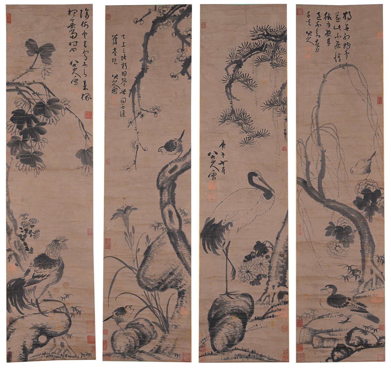 A FLOWER AND BIRD PAINTINGS ON PAPER BY BADA SHANREN (4 PIECES).八大山人: Flower and Bird Paintings on Paper by Bada Shanren (4 pieces).八大山人