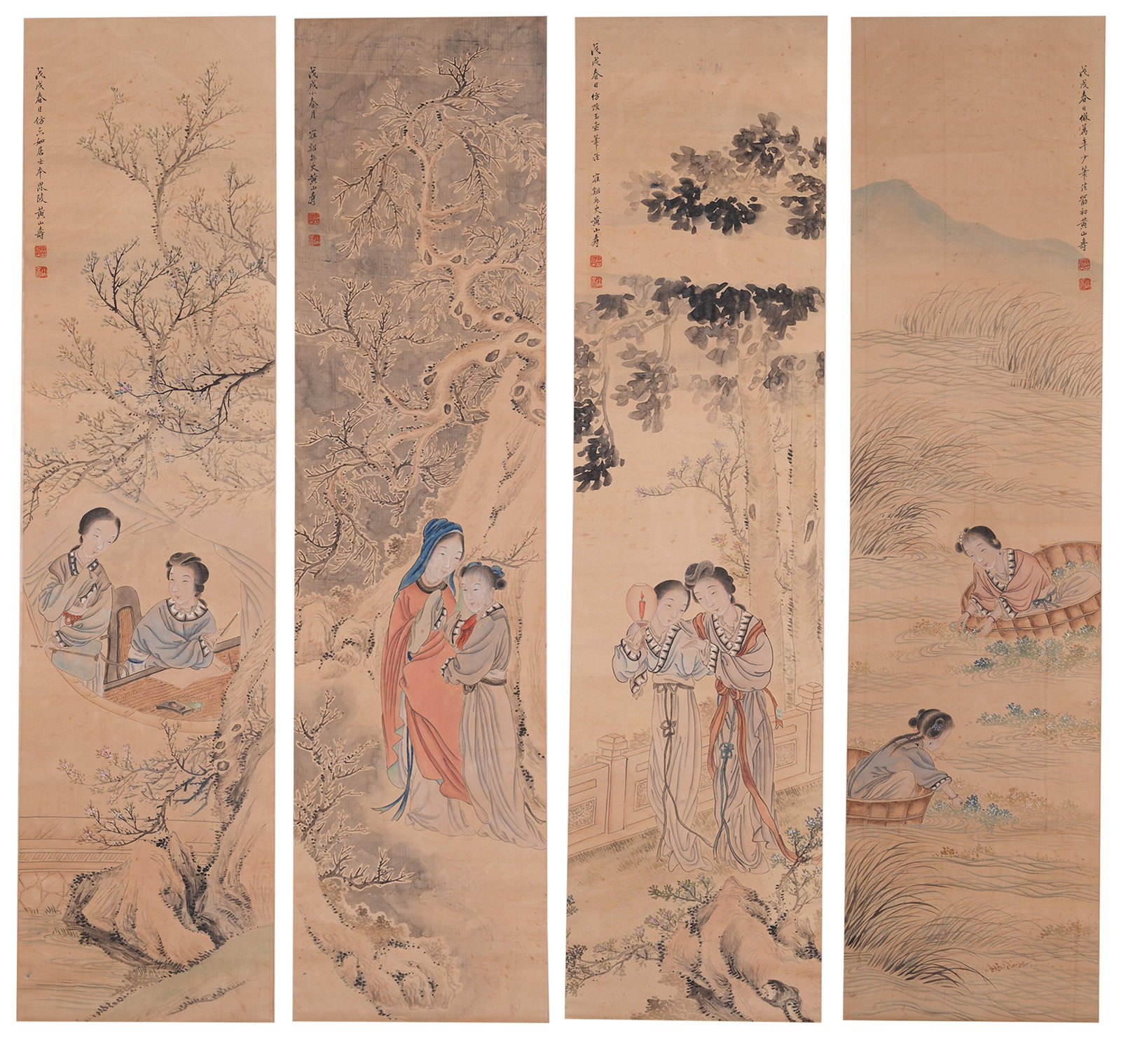 A BEAUTY PAINTINGS ON SILK BY HUANG SHANSHOU (4 PIECES).黃山壽: Beauty Paintings on Silk by Huang Shanshou (4 pieces).黃山壽