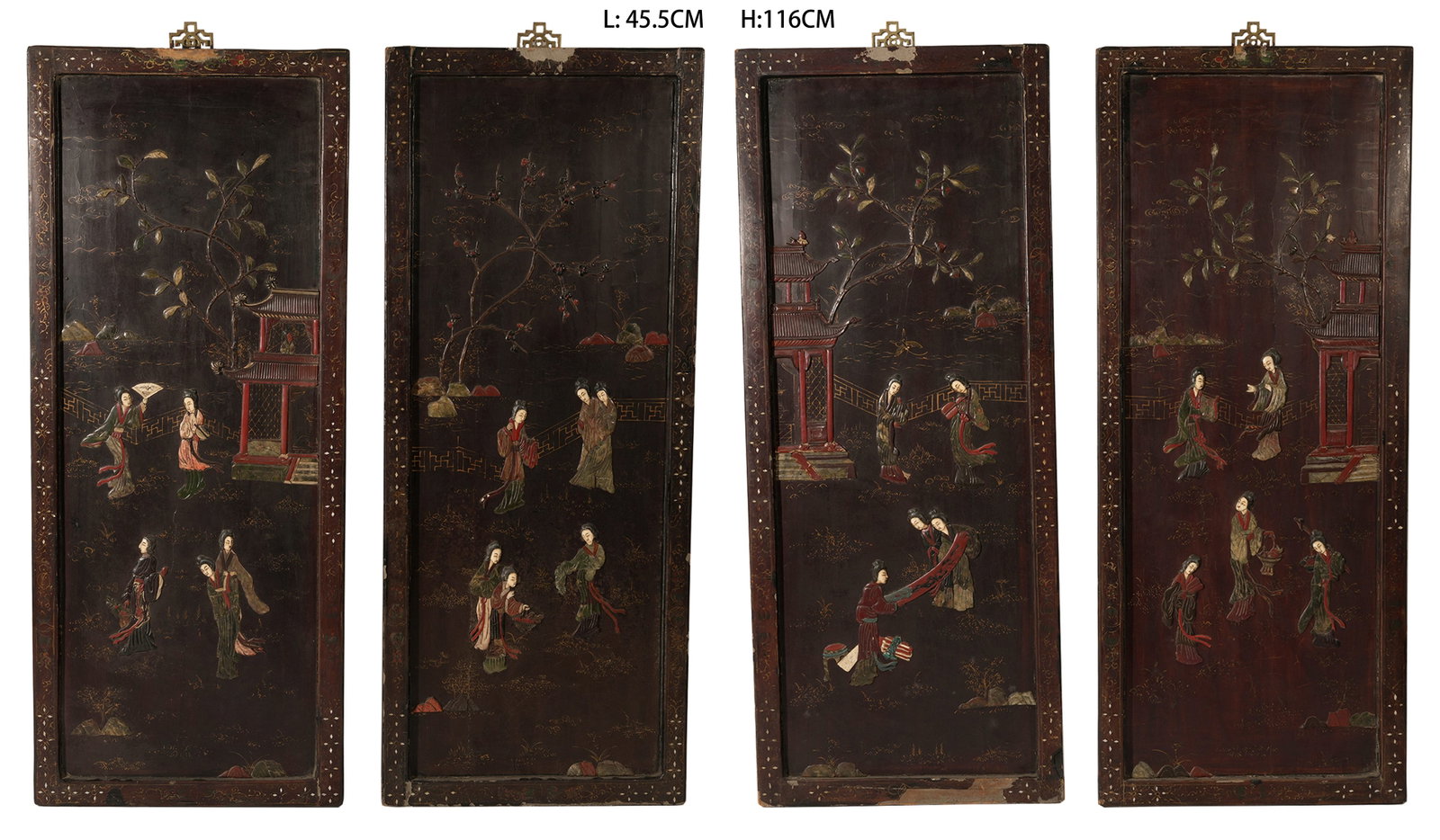 A SET OF LACQUER "HUNDRED TREASURES" INLAID HANGING PANELS DEPICTING COURT LADIES IN A GARDEN (1 of 16)