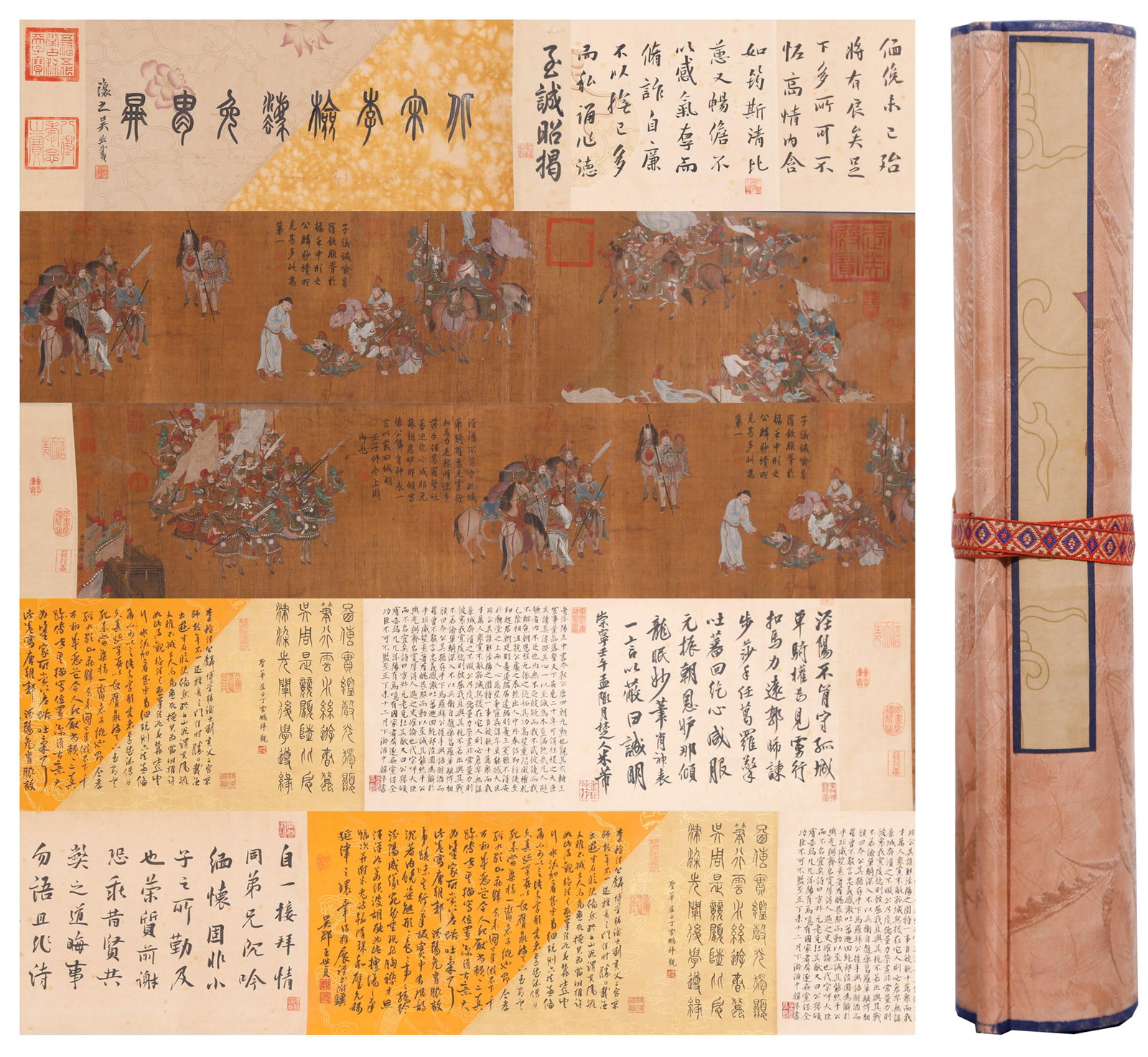 A HAND SCROLL OF FIGURE STORIES ON SILK BY LI GONGLIN.李公麟: Hand Scroll of Figure Stories on Silk by Li Gonglin.李公麟