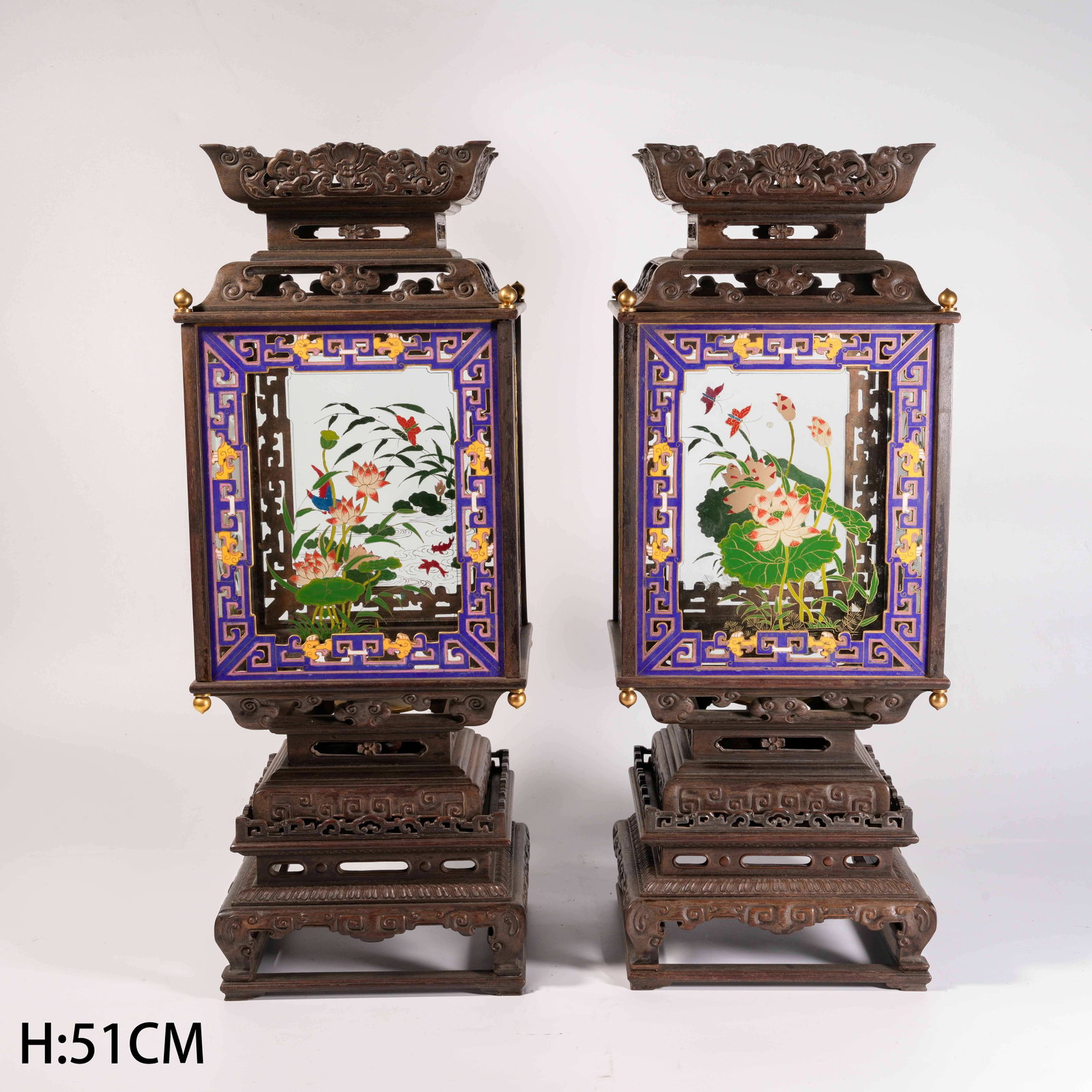 A SET OF ZITAN WOOD PALACE LANTERNS WITH CLOISONN? AND HAND-PAINTED FLOWER-AND-BIRD MOTIFS (1 of 10)
