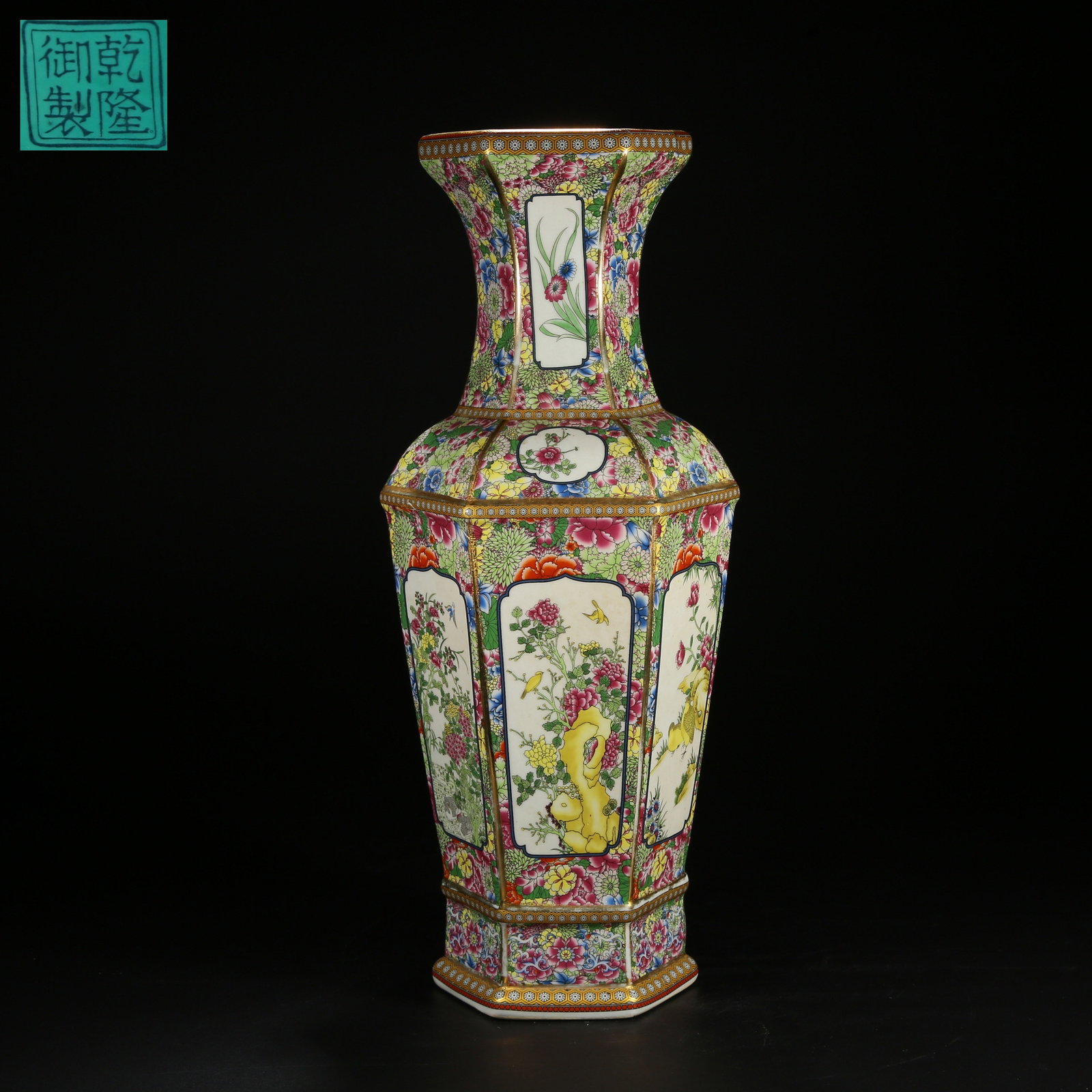 A FAMILLE ROSE HEXAGONAL VASE WITH FLOWER AND BIRD PATTERN: Famille Rose Hexagonal Vase with Flower and Bird Pattern