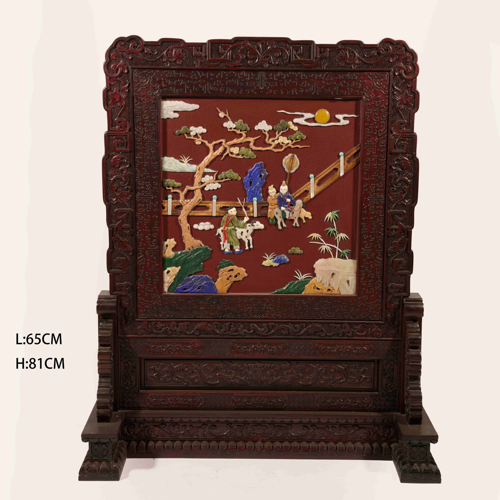A ZITAN "HUNDRED TREASURES" INLAID SCREEN PANEL WITH FIGURAL NARRATIVE MOTIF (1 of 10)