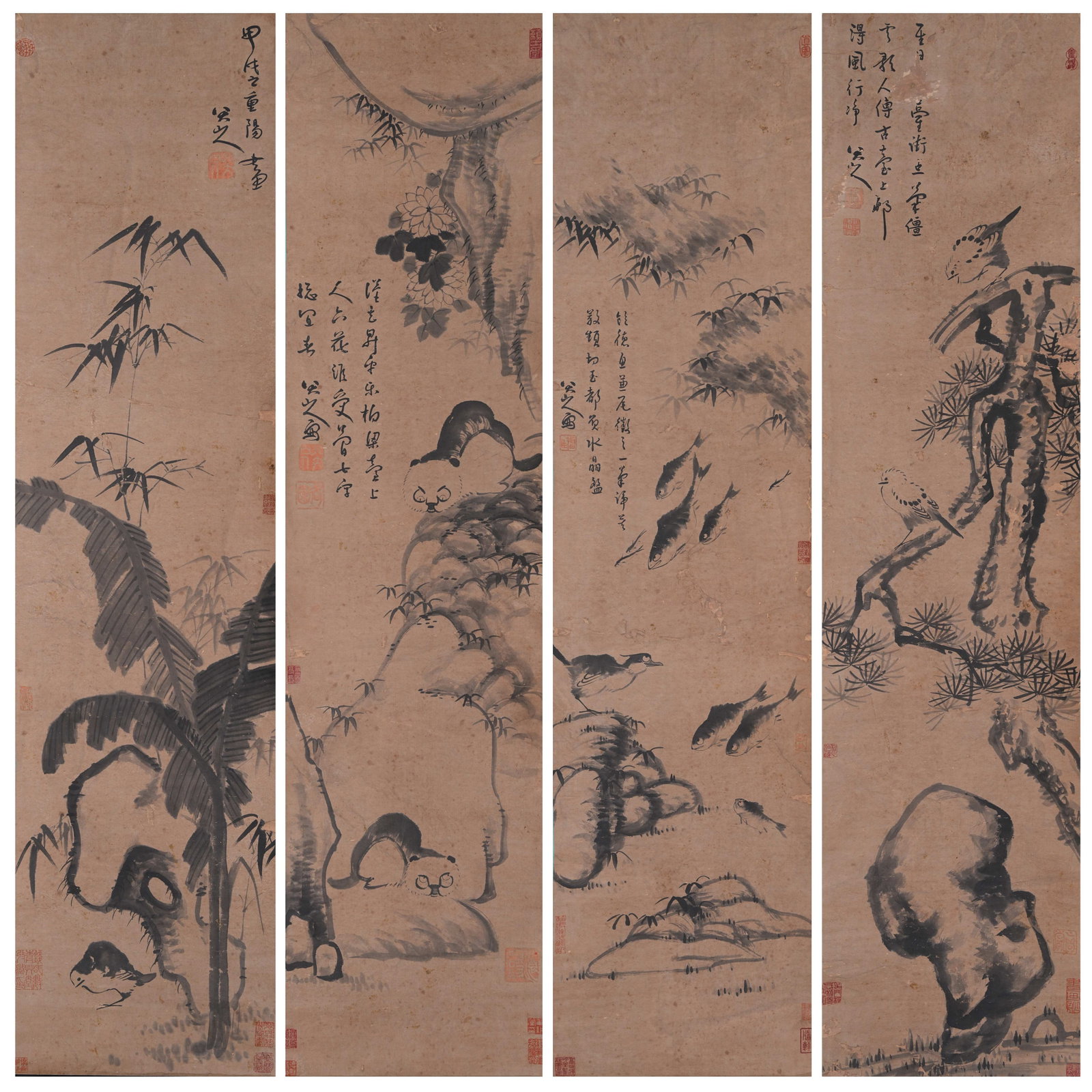 A FLOWER AND BIRD PAINTINGS ON PAPER BY BADA SHANREN (4 PIECES).八大山人: Flower and Bird Paintings on Paper by Bada Shanren (4 pieces).八大山人