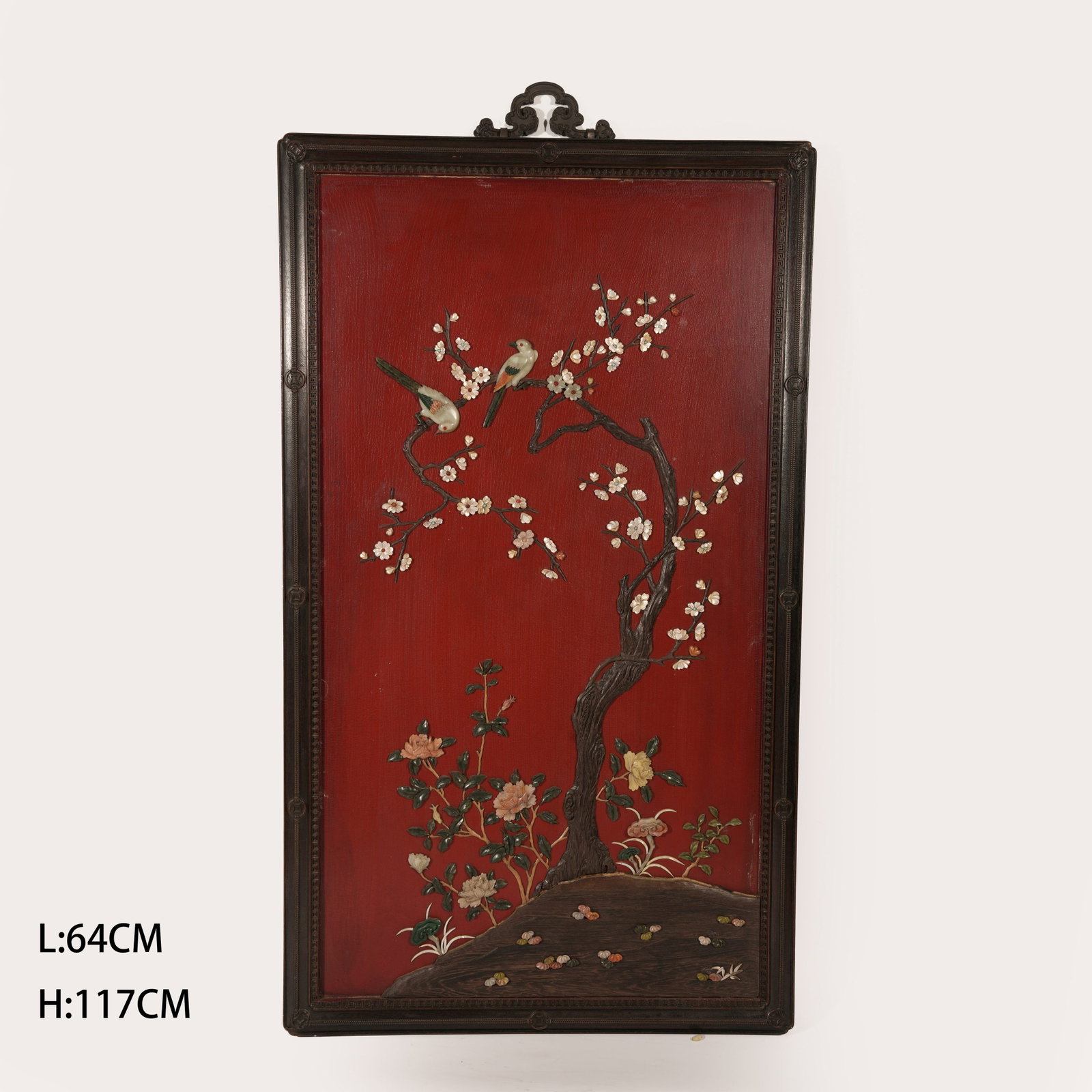A LACQUER "HUNDRED TREASURES" INLAID HANGING PANEL WITH BIRD-AND-FLOWER MOTIF (1 of 6)