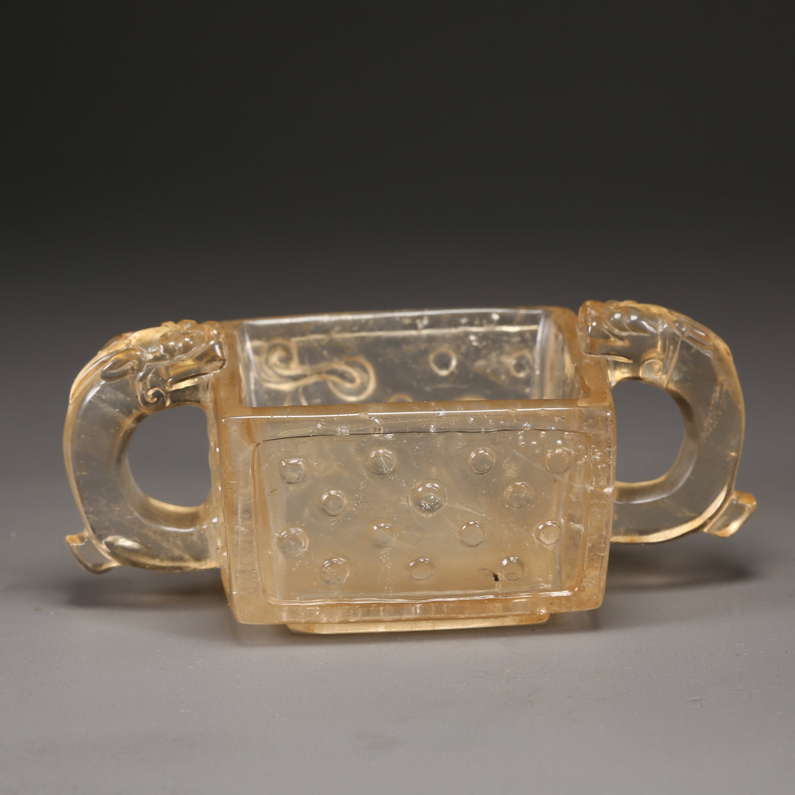A CRYSTAL SQUARE CUP WITH DRAGON HANDLES: Crystal Square Cup with Dragon Handles