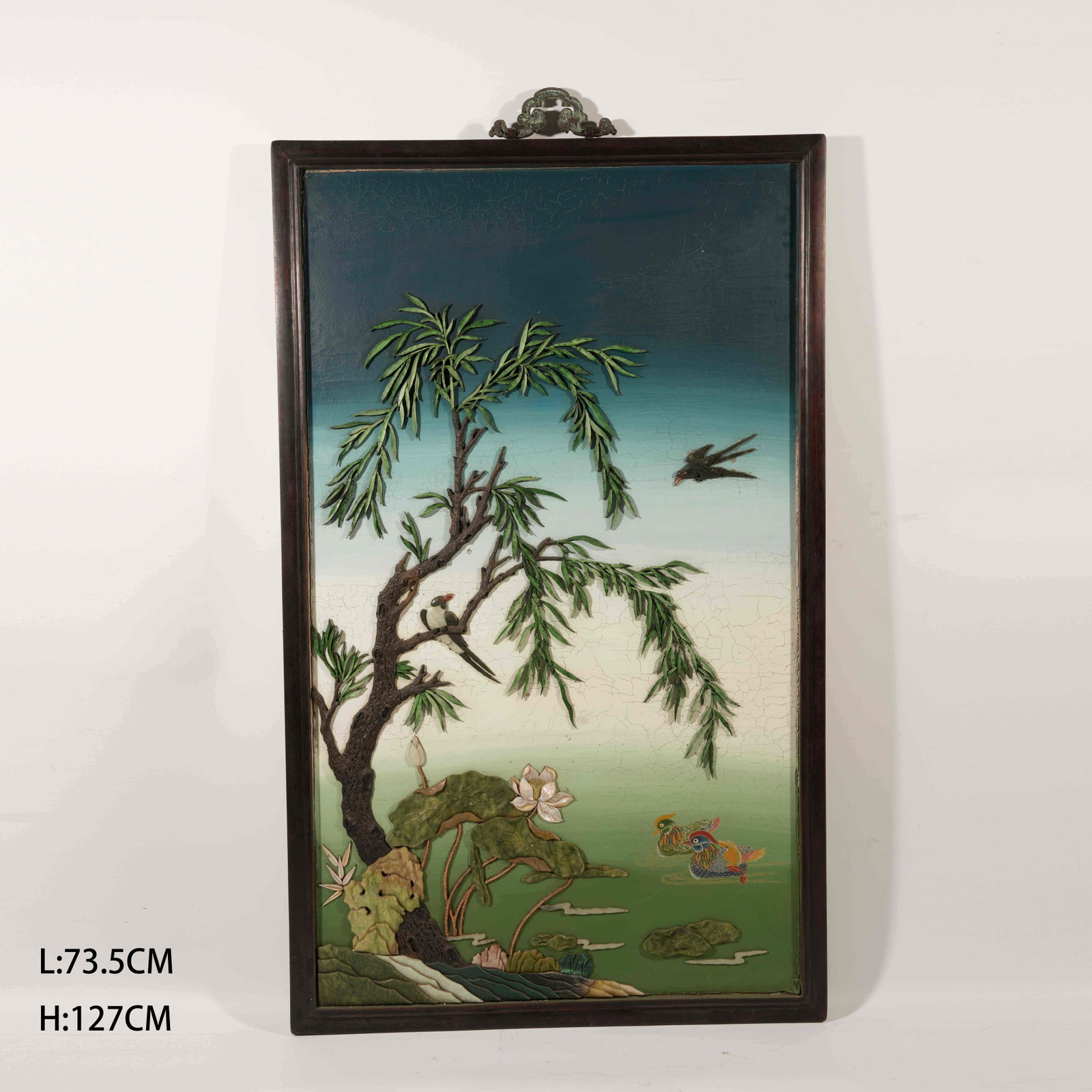 A HUANGHUALI "HUNDRED TREASURES" INLAID HANGING PANEL WITH MANDARIN DUCKS IN A LOTUS POND MOTIF: Huanghuali "Hundred Treasures" Inlaid Hanging Panel with Mandarin Ducks in a Lotus Pond Motif