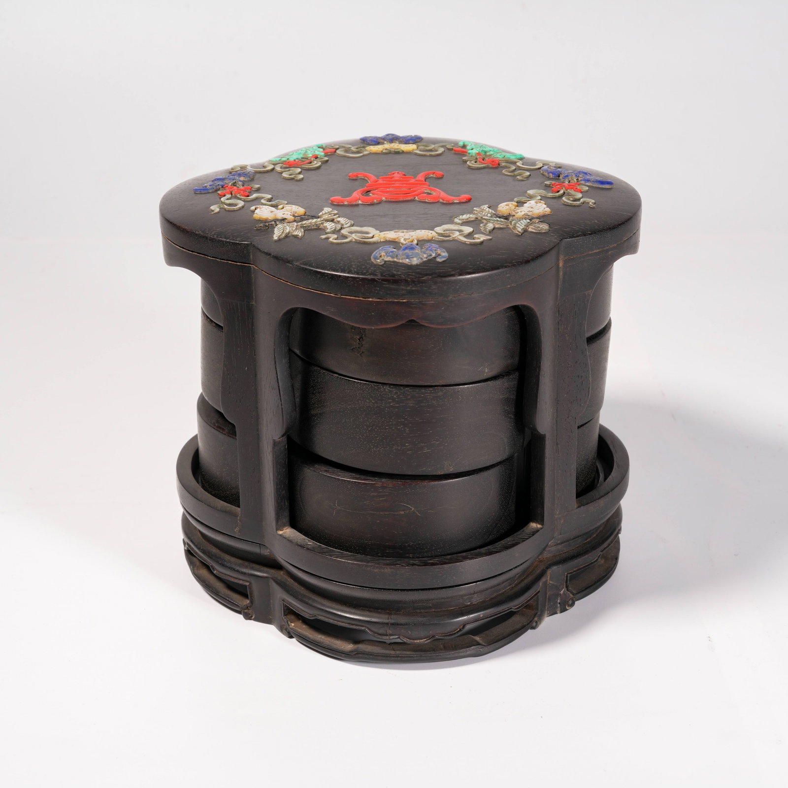 A ZITAN WOOD INK BOX INLAID WITH PRECIOUS MATERIALS: Zitan Wood Ink Box Inlaid with Precious Materials