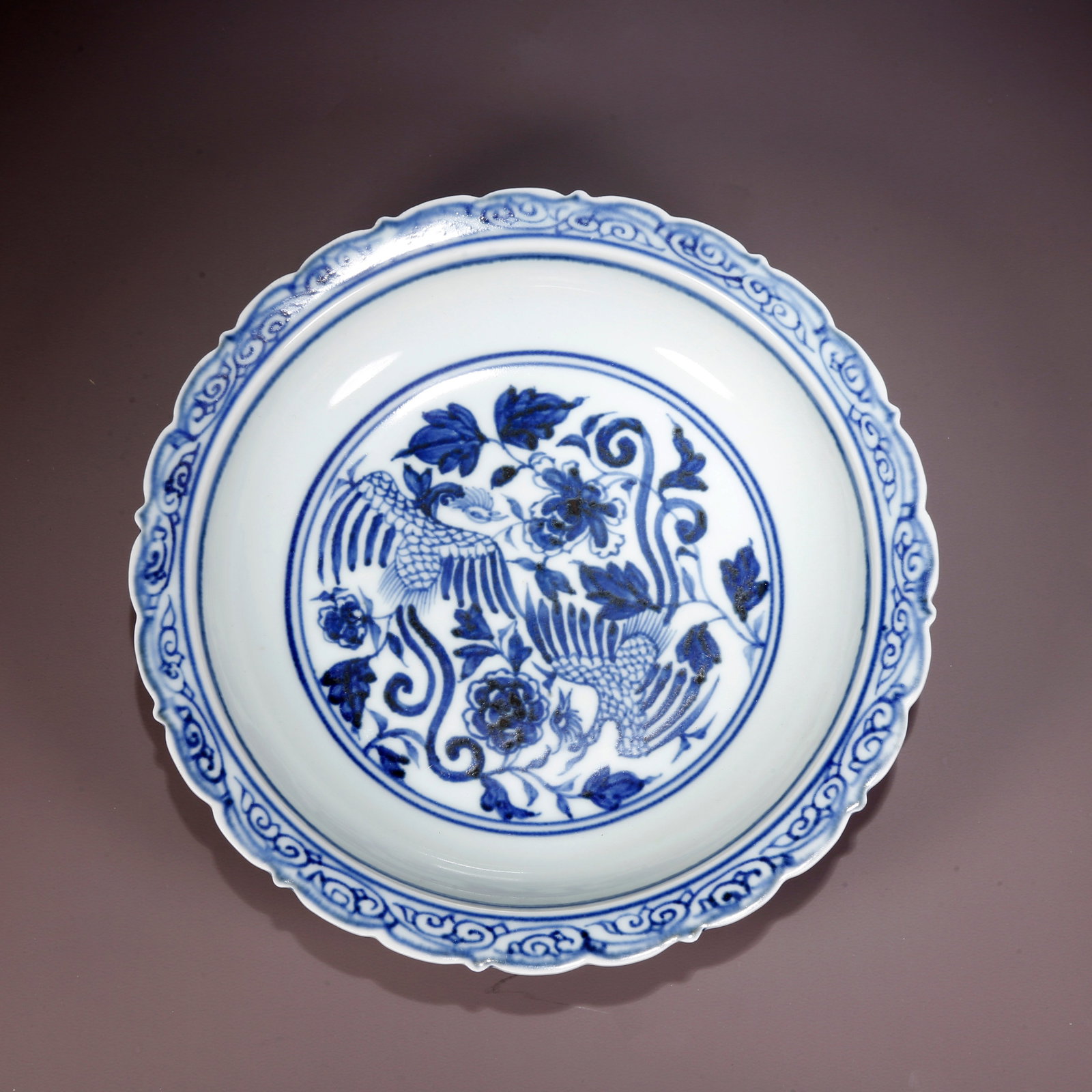 A BLUE-AND-WHITE PLATE WITH PHOENIX AND BIRD MOTIF (1 of 9)
