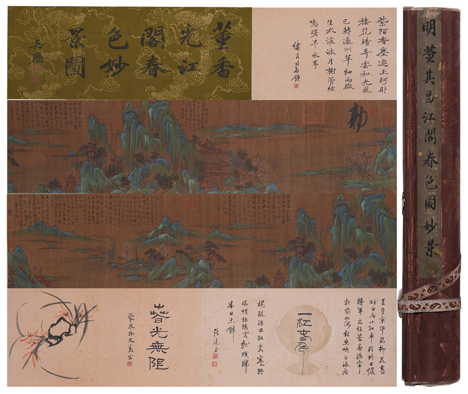 A HAND SCROLL OF SPRING SCENERY BY RIVER PAVILION ON SILK BY DONG QICHANG.董其昌: Hand Scroll of Spring Scenery by River Pavilion on Silk by Dong Qichang.董其昌