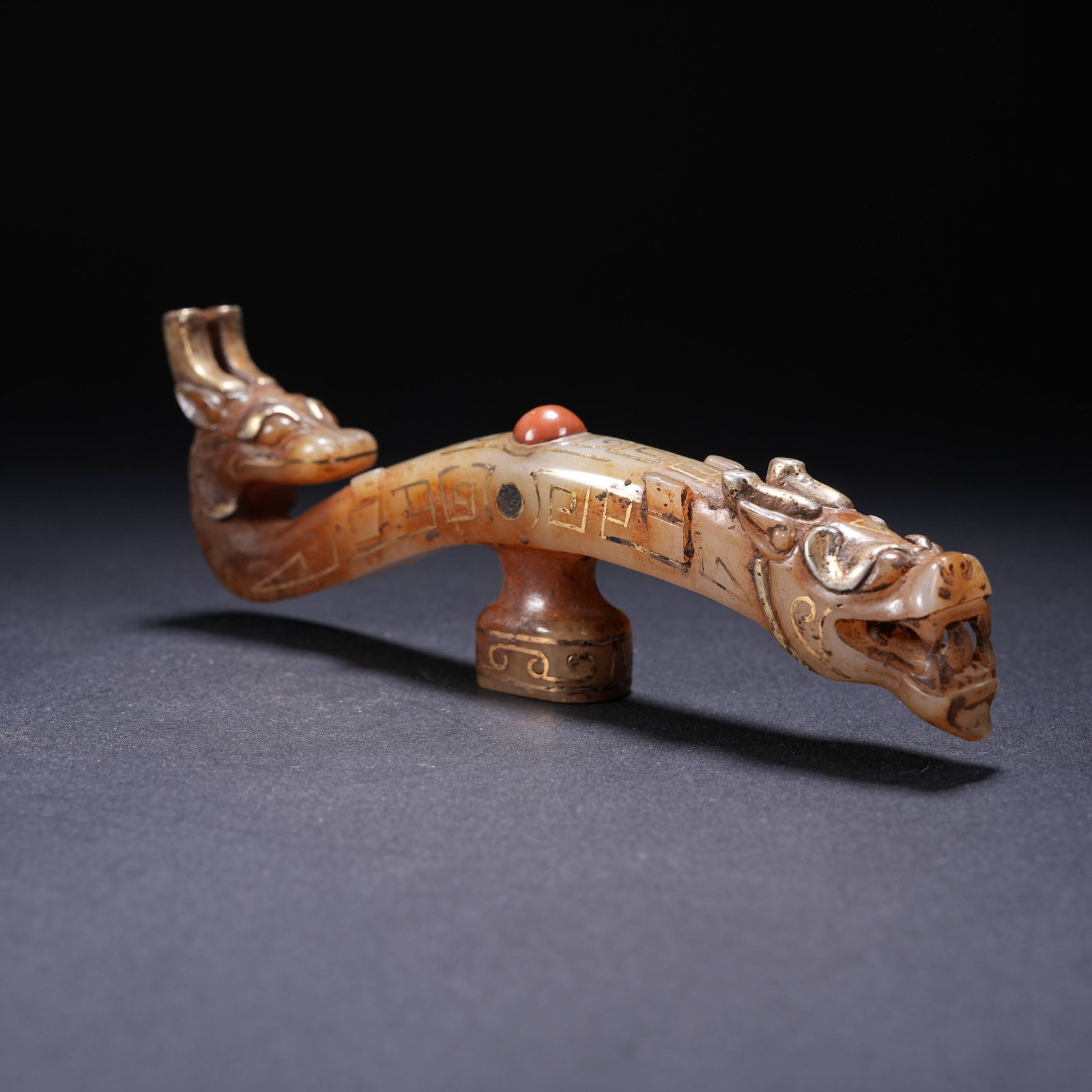 A ARCHAIC JADE AUSPICIOUS BEAST INLAID WITH GOLD, SILVER, AND GEMS (1 of 8)