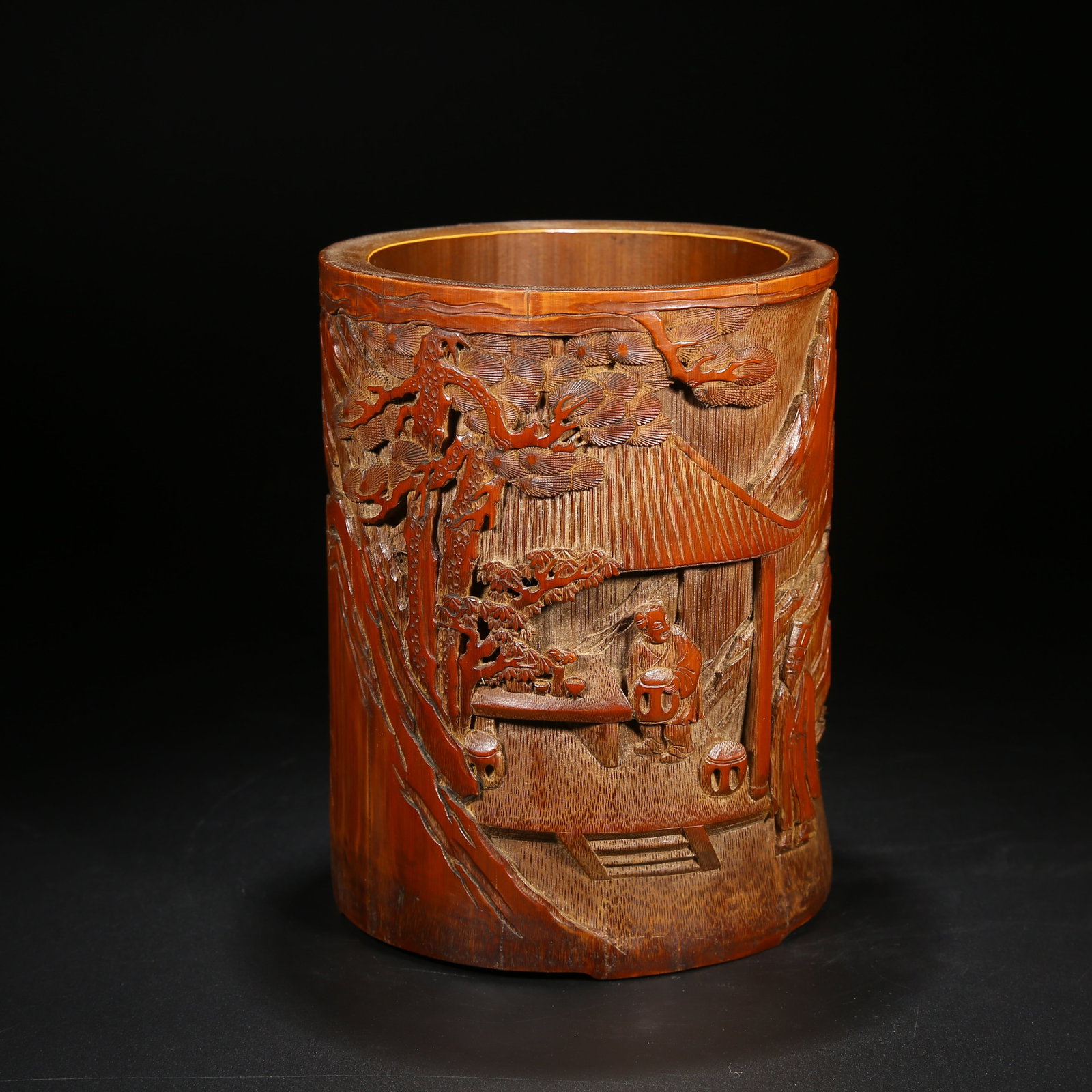 A BAMBOO CARVING BRUSH POT WITH LANDSCAPE AND FIGURE STORY SCENE: Bamboo Carving Brush Pot with Landscape and Figure Story Scene