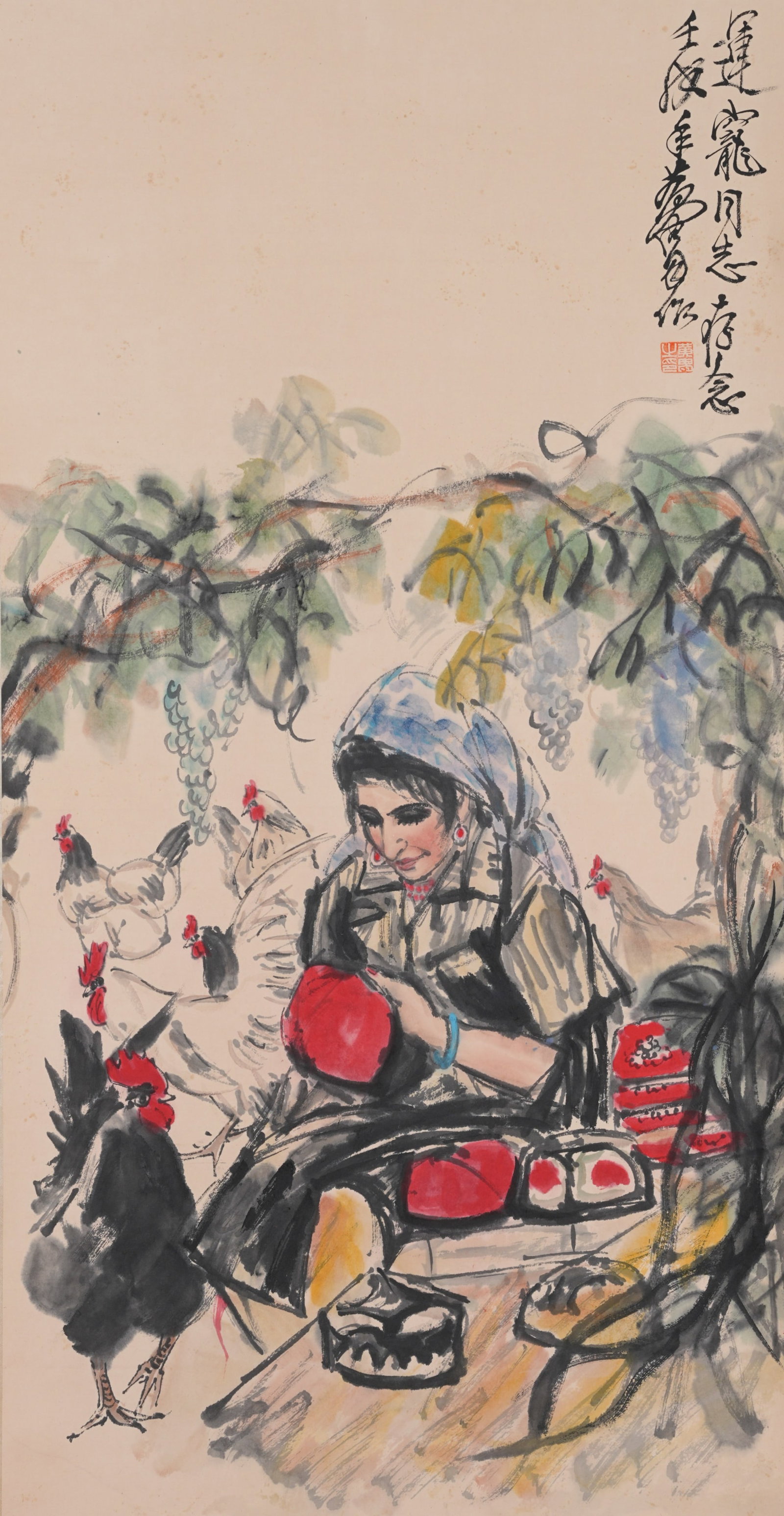 A FIGURE PAINTING ON PAPER BY HUANG ZHOU.黃胄: Figure Painting on Paper by Huang Zhou.黃胄