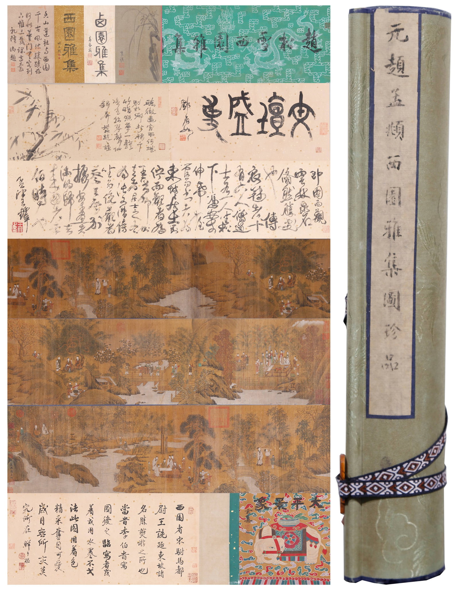 A HAND SCROLL OF ELEGANT GATHERING IN THE WEST GARDEN ON SILK BY ZHAO MENGFU.趙孟頫: Hand Scroll of Elegant Gathering in the West Garden on Silk by Zhao Mengfu.趙孟頫