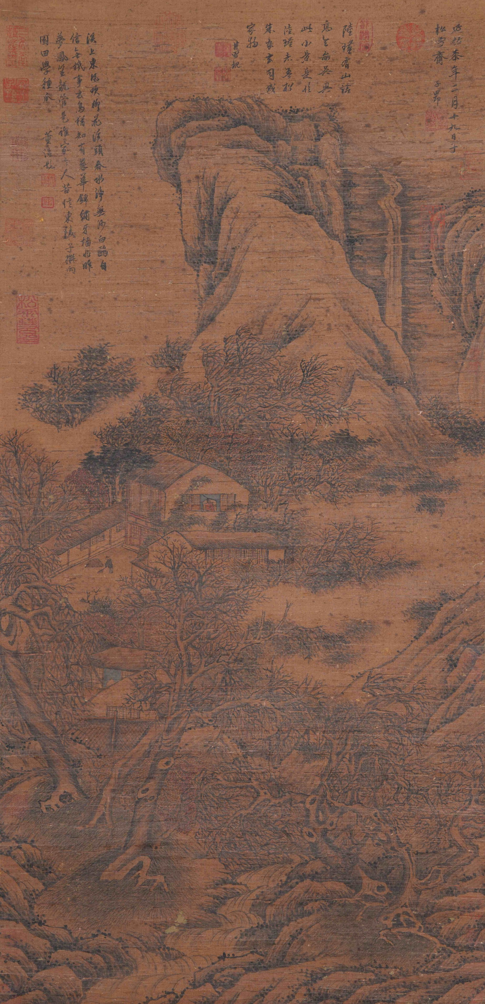 A LANDSCAPE PAINTING ON SILK BY ZHAO MENGFU.趙孟頫: Landscape Painting on Silk by Zhao Mengfu.趙孟頫