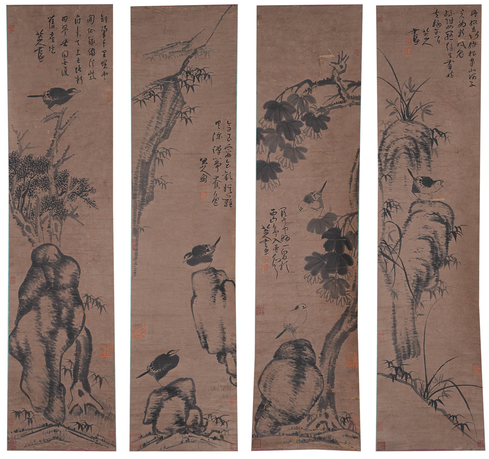 A FLOWER AND BIRD PAINTINGS ON PAPER BY BADA SHANREN (4 PIECES).八大山人: Flower and Bird Paintings on Paper by Bada Shanren (4 pieces).八大山人