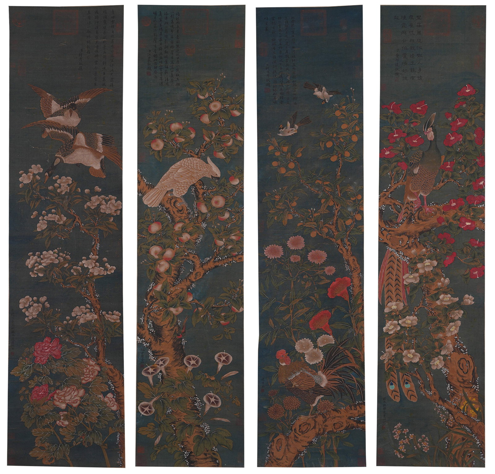 A FLOWER AND BIRD PAINTINGS ON SILK BY BIAN JINGZHAO (4 PIECES).邊景昭: Flower and Bird Paintings on Silk by Bian Jingzhao (4 pieces).邊景昭