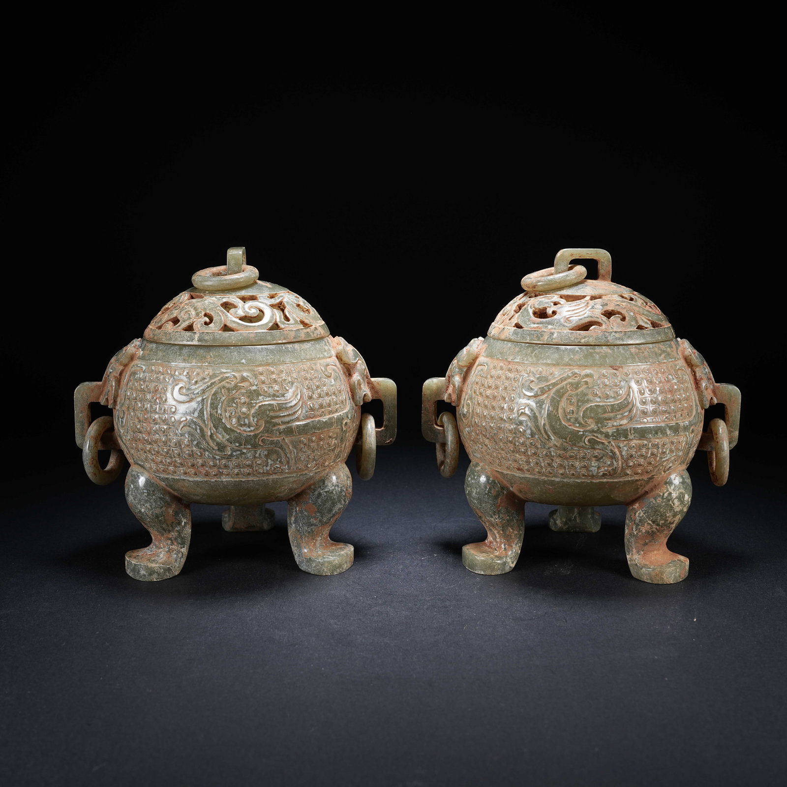 A SET OF ARCHAIC JADE OPENWORK INCENSE BURNERS WITH MOVABLE RINGS AND DRAGON-PHOENIX PATTERNS (1 of 12)