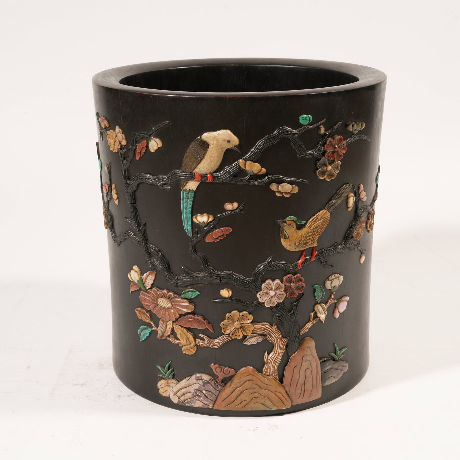 A ZITAN "HUNDRED TREASURES" INLAID BRUSH REST WITH BIRD-AND-FLOWER MOTIF (1 of 9)