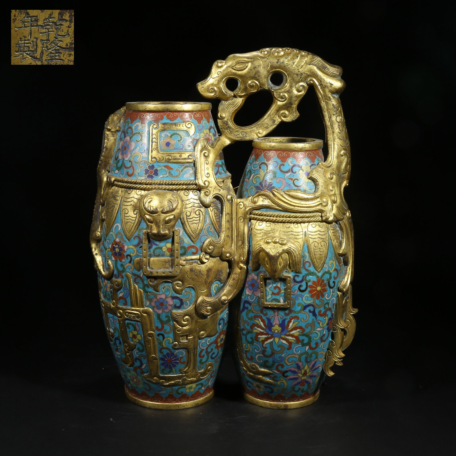 A CLOISONNE ENAMEL DOUBLE VASE WITH LOTUS SCROLL PATTERN ON BRONZE (1 of 9)