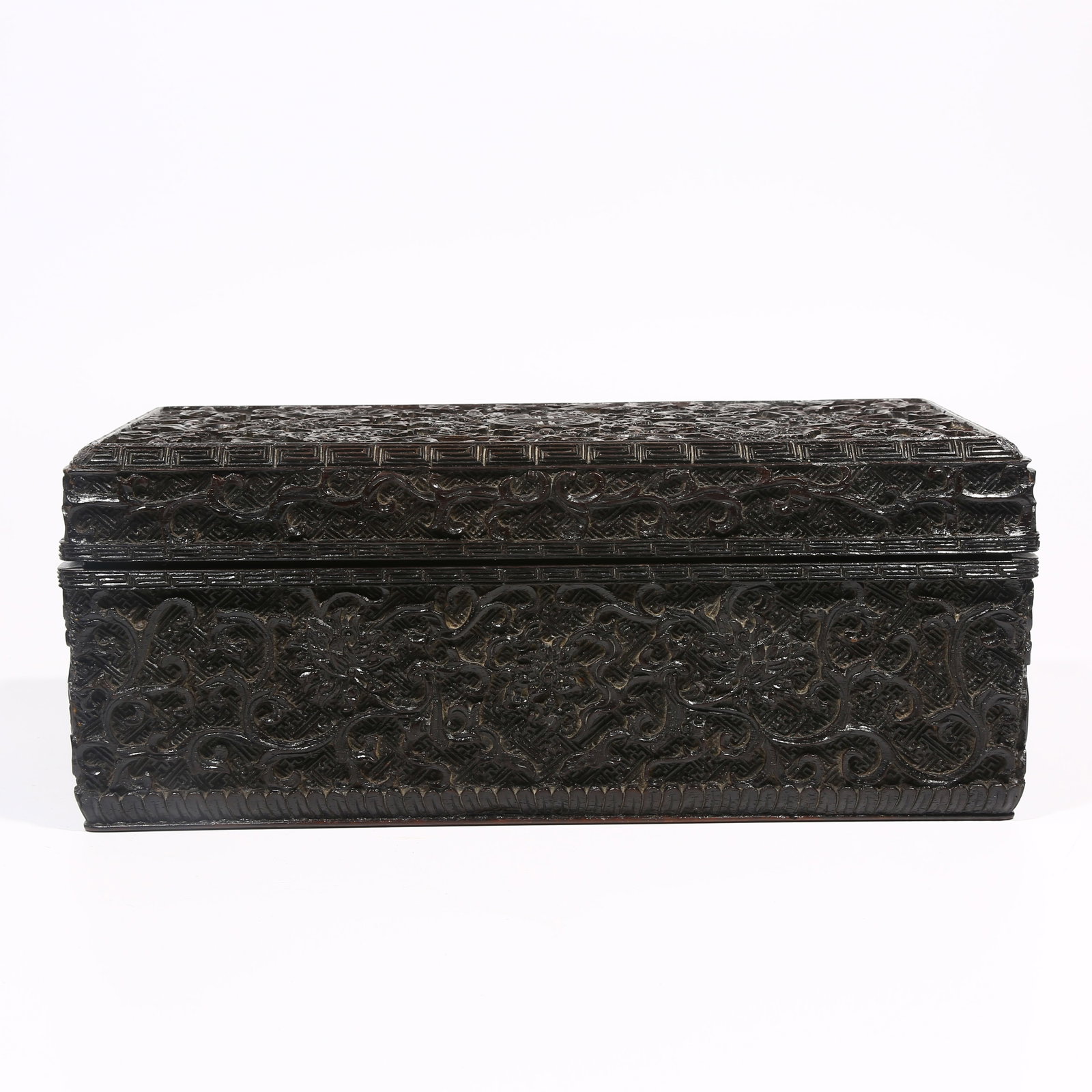 A IMPERIAL ZITAN WOOD COVERED BOX WITH FLORAL TREASURES MOTIF: Imperial Zitan Wood Covered Box with Floral Treasures Motif