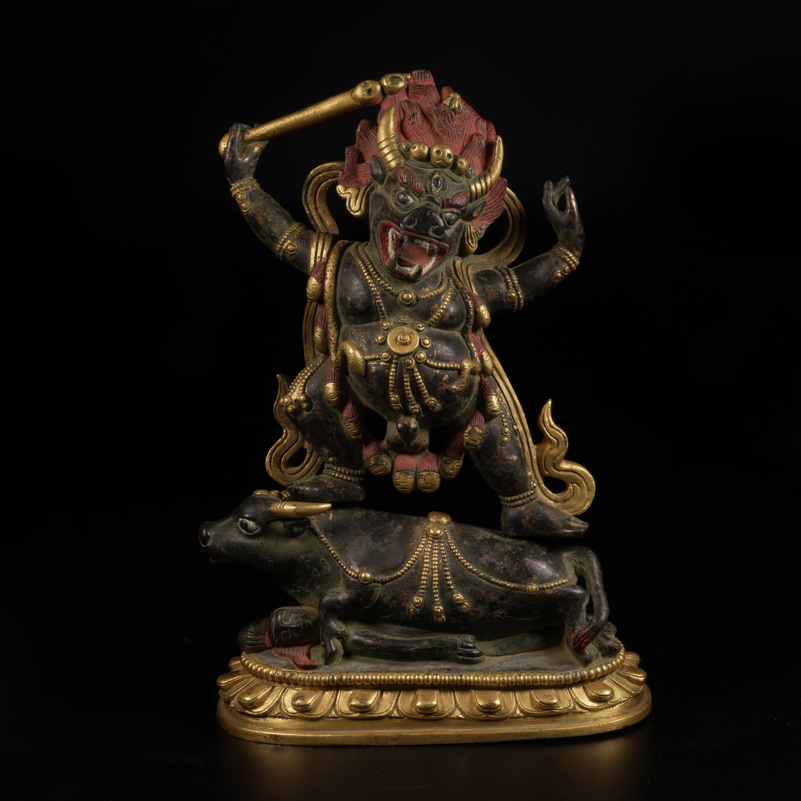 A GILT-BRONZE YAMA DHARMAPALA STATUE: Gilt-Bronze Yama Dharmapala Statue